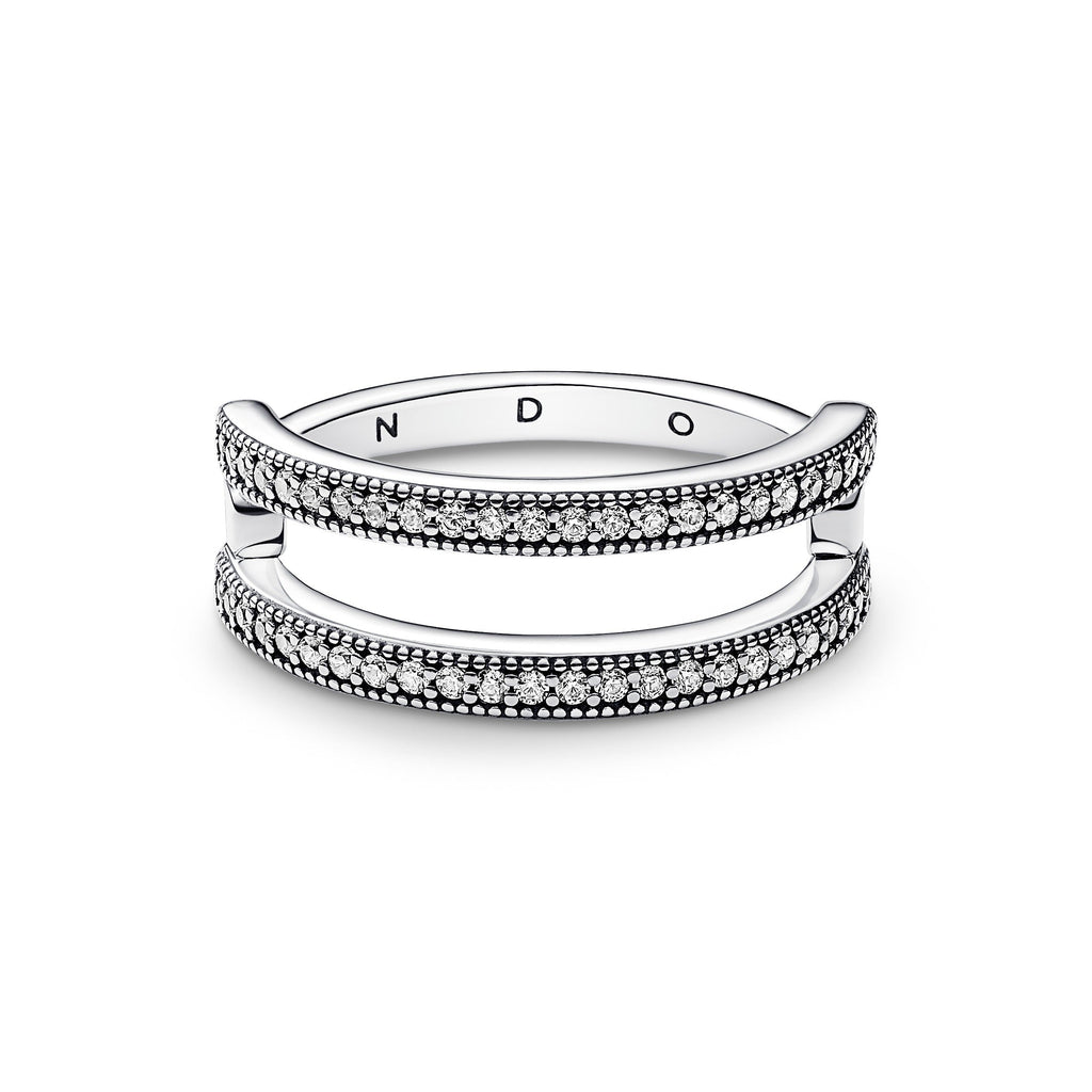 PANDORA Signature Logo And Pavé Double Band Ring Cubic Zirconia Silver Weddings Rings Statement Ring Jewelry Gift