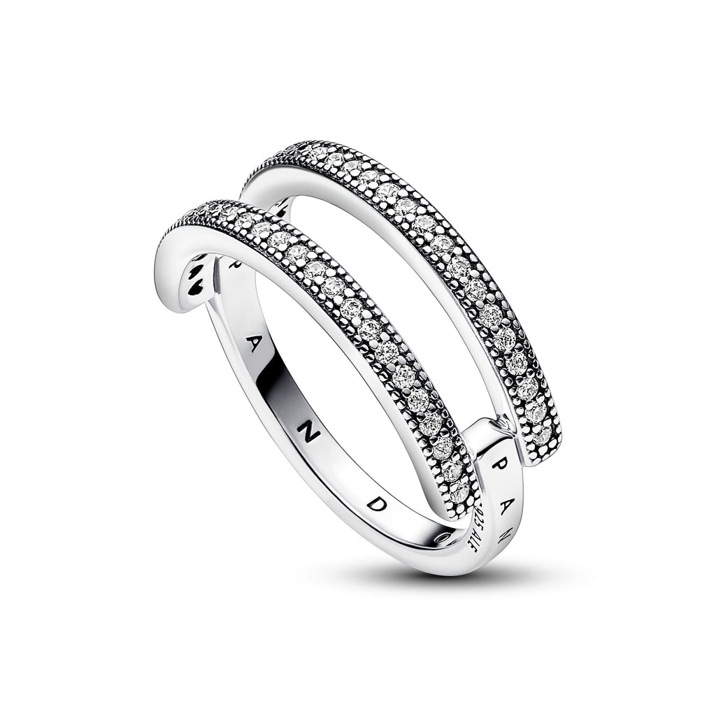 PANDORA Signature Logo And Pavé Double Band Ring Cubic Zirconia Silver Weddings Rings Statement Ring Jewelry Gift