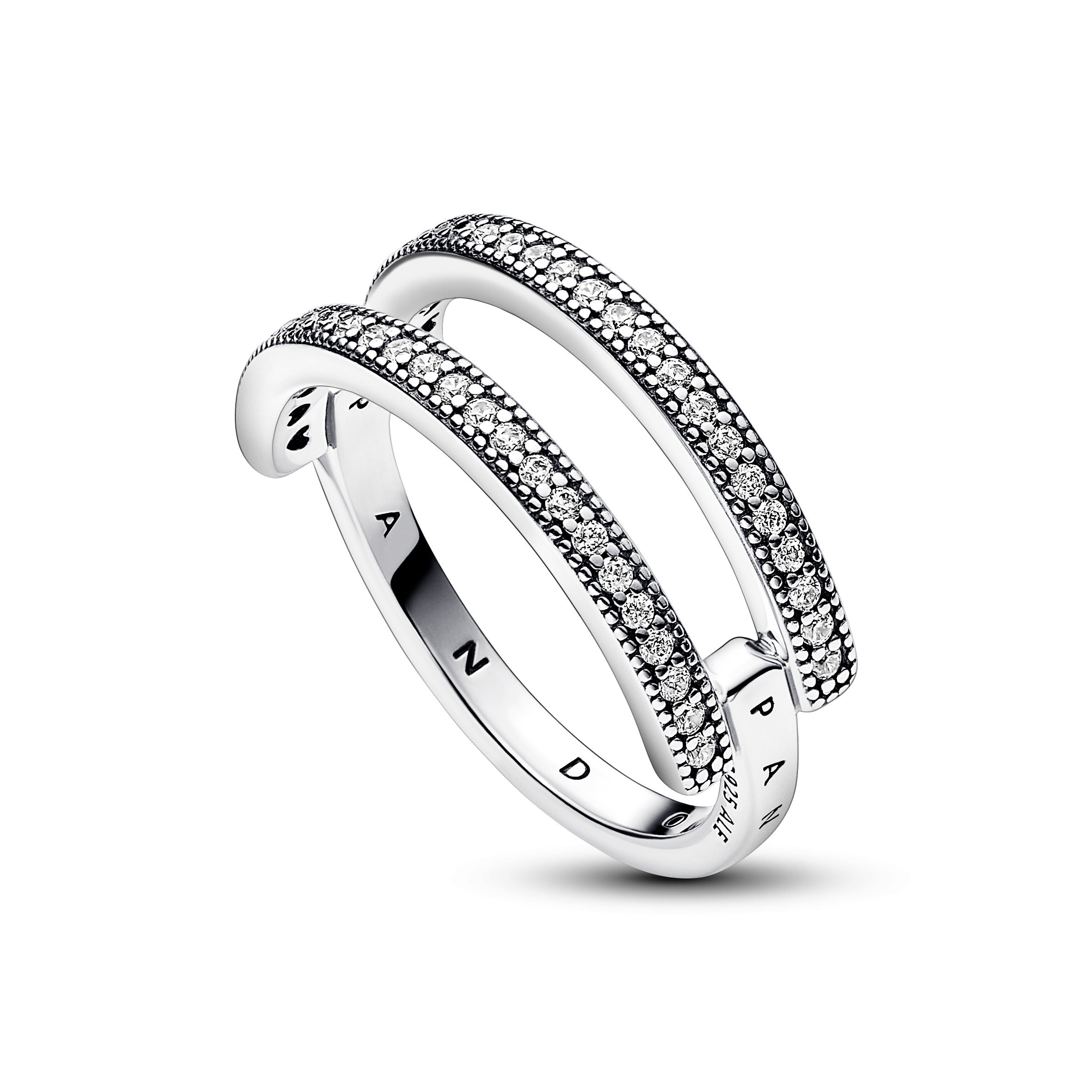 PANDORA Signature Logo And Pavé Double Band Ring Cubic Zirconia Silver Weddings Rings Statement Ring Jewelry Gift