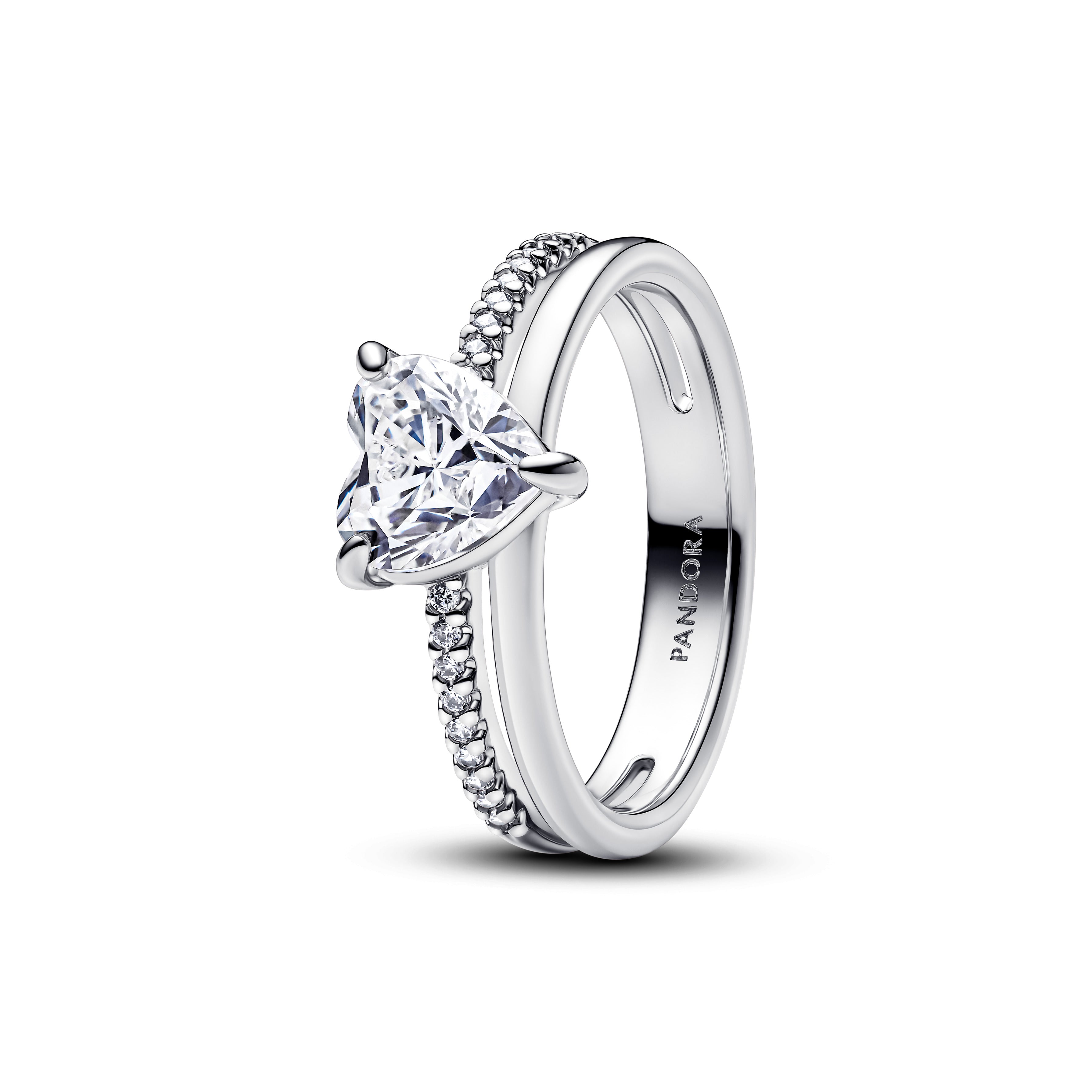 PANDORA Double Band Heart Ring Cubic Zirconia Silver Rings Statement Ring Jewelry Gift