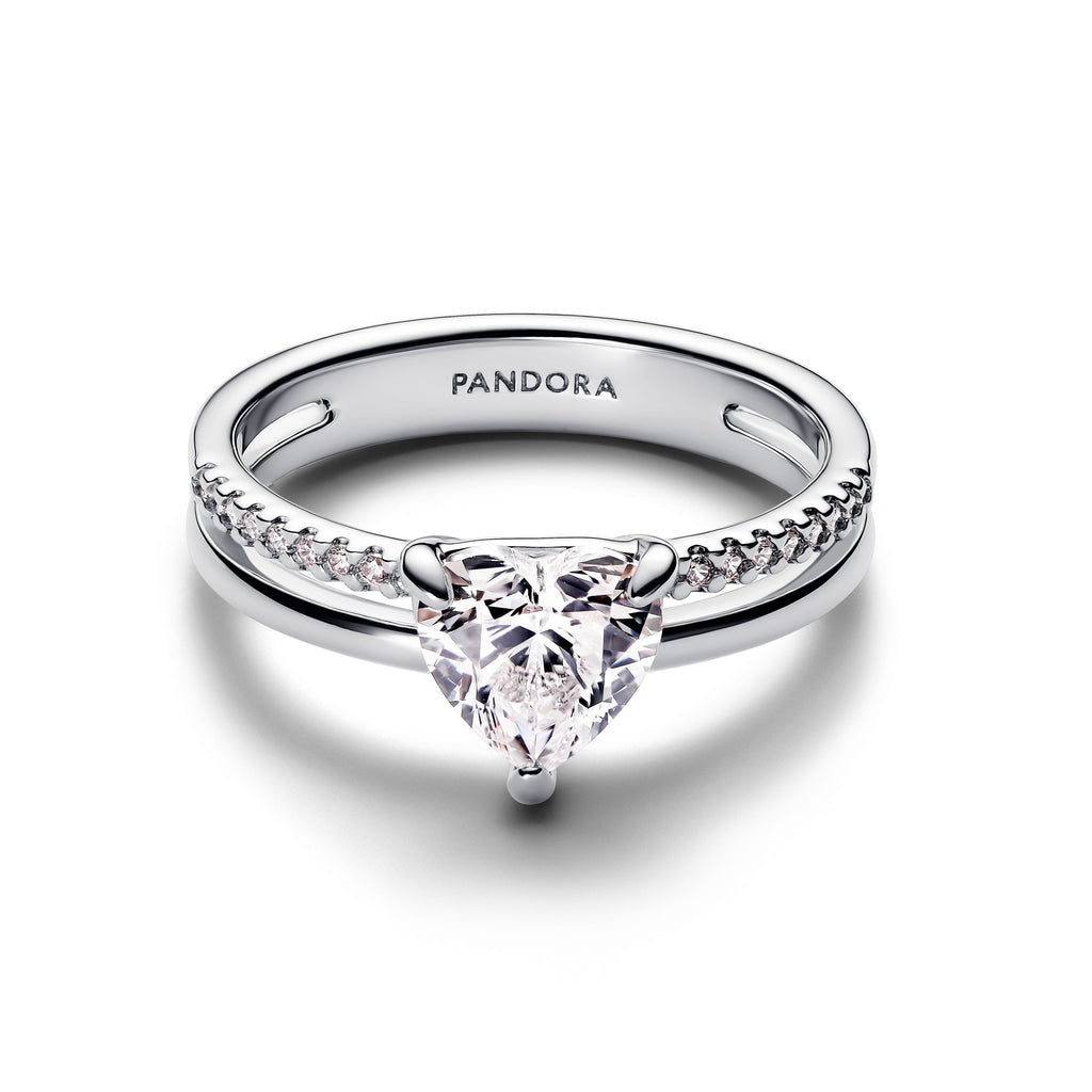 PANDORA Double Band Heart Ring Cubic Zirconia Silver Rings Statement Ring Jewelry Gift