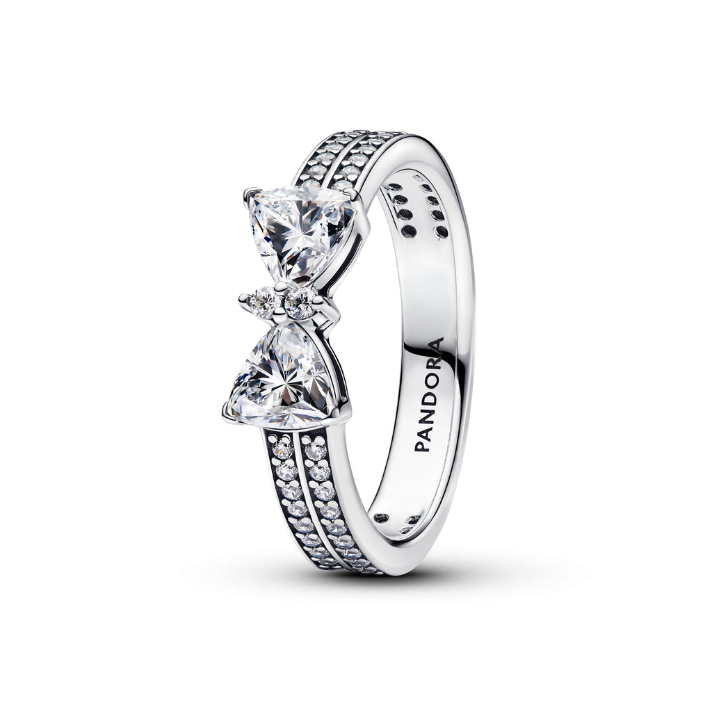 PANDORA Sparkling Bow Double-row Ring Cubic Zirconia Silver Rings Statement Ring Jewelry Gift