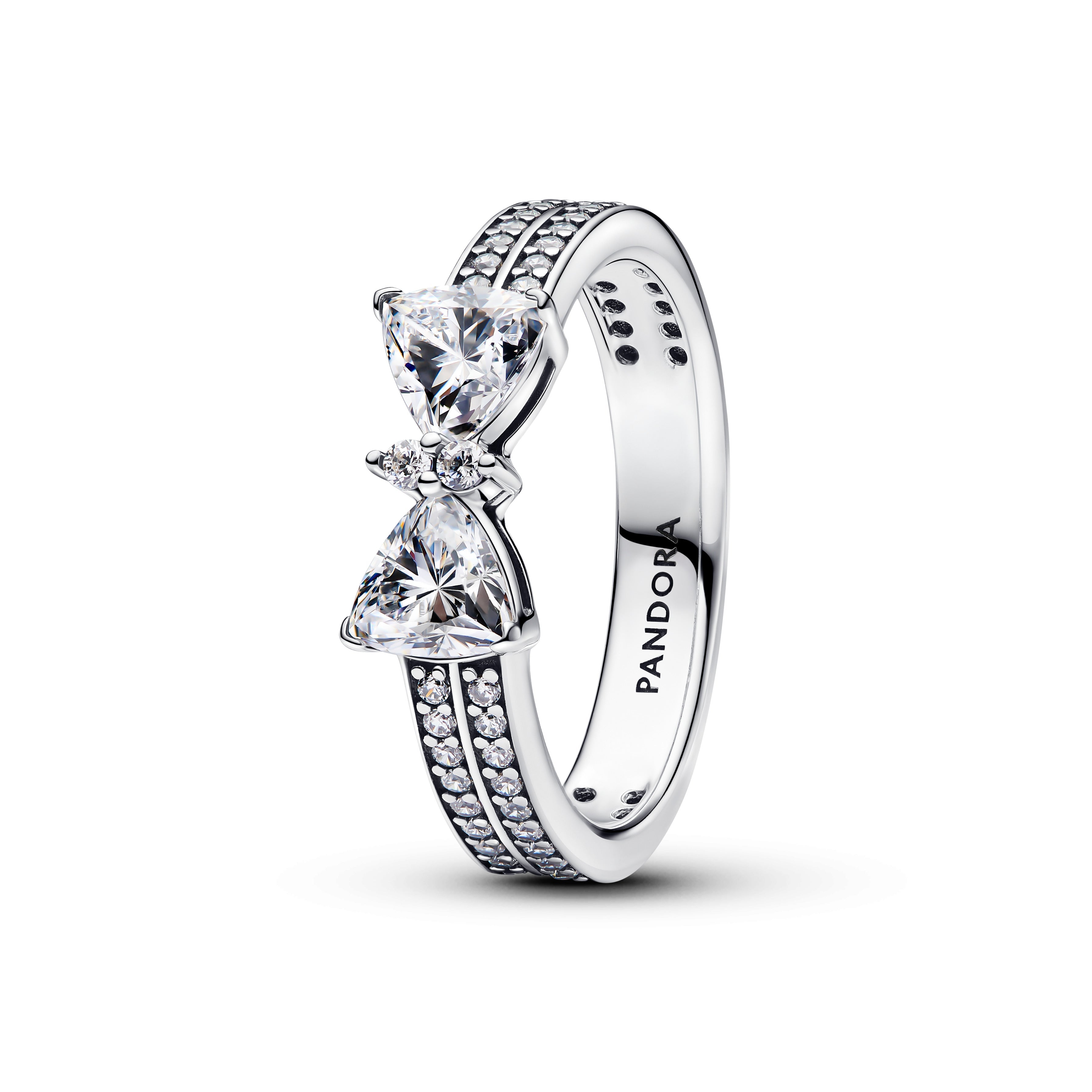 PANDORA Sparkling Bow Double-row Ring Cubic Zirconia Silver Rings Statement Ring Jewelry Gift