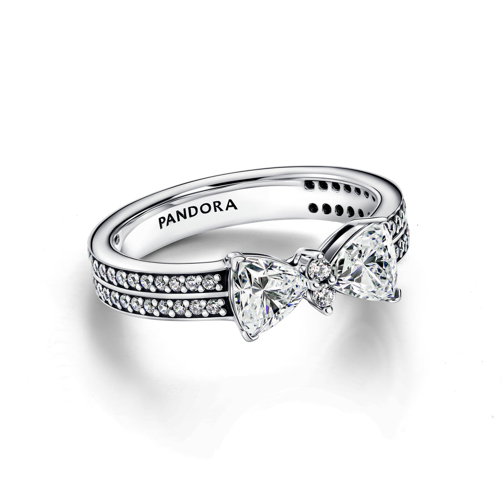 PANDORA Sparkling Bow Double-row Ring Cubic Zirconia Silver Rings Statement Ring Jewelry Gift