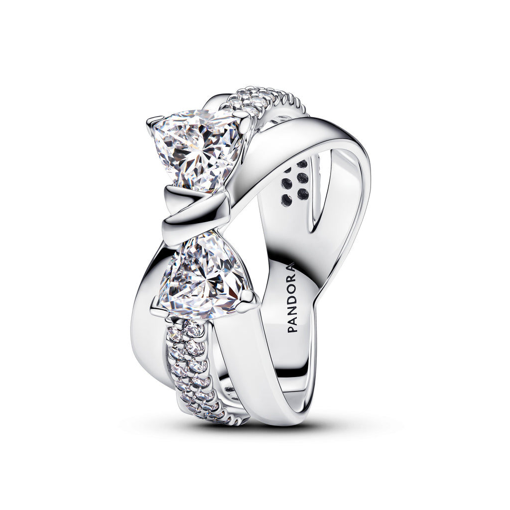 PANDORA Sparkling Bow Crossover Ring Cubic Zirconia Silver Rings Statement Ring Jewelry Gift