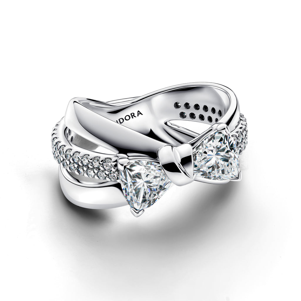 PANDORA Sparkling Bow Crossover Ring Cubic Zirconia Silver Rings Statement Ring Jewelry Gift