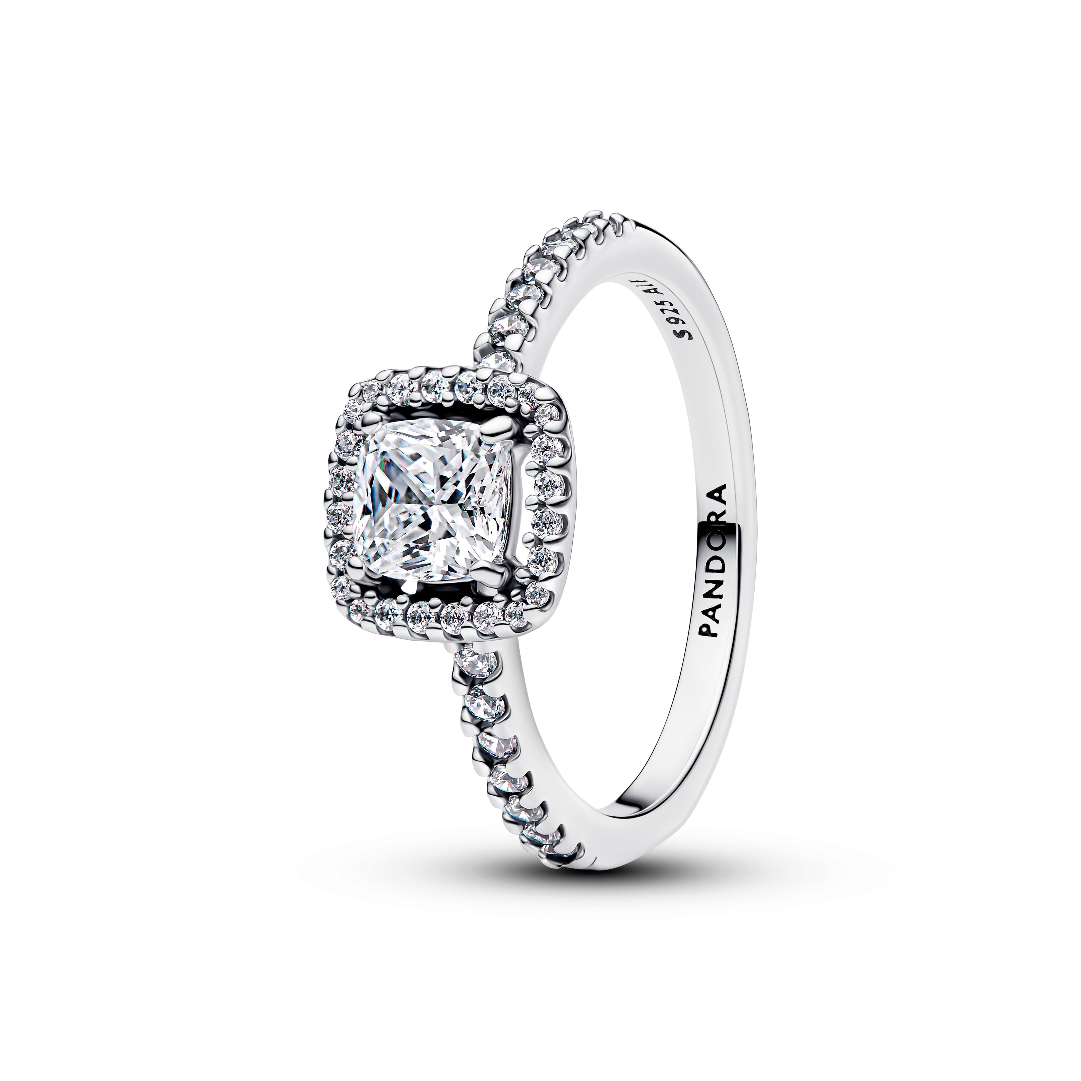 PANDORA Sparkling Square Halo Ring Cubic Zirconia Silver Weddings Rings Statement Ring Jewelry Gift