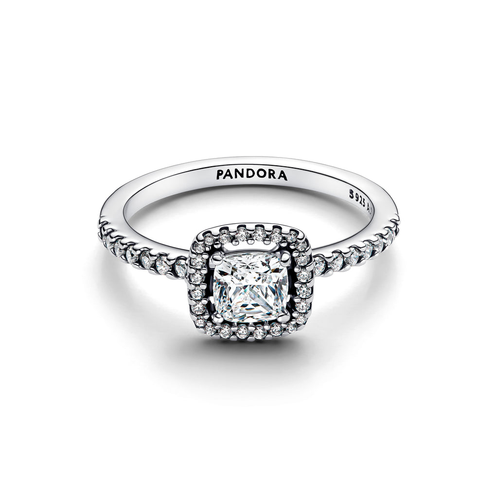 PANDORA Sparkling Square Halo Ring Cubic Zirconia Silver Weddings Rings Statement Ring Jewelry Gift