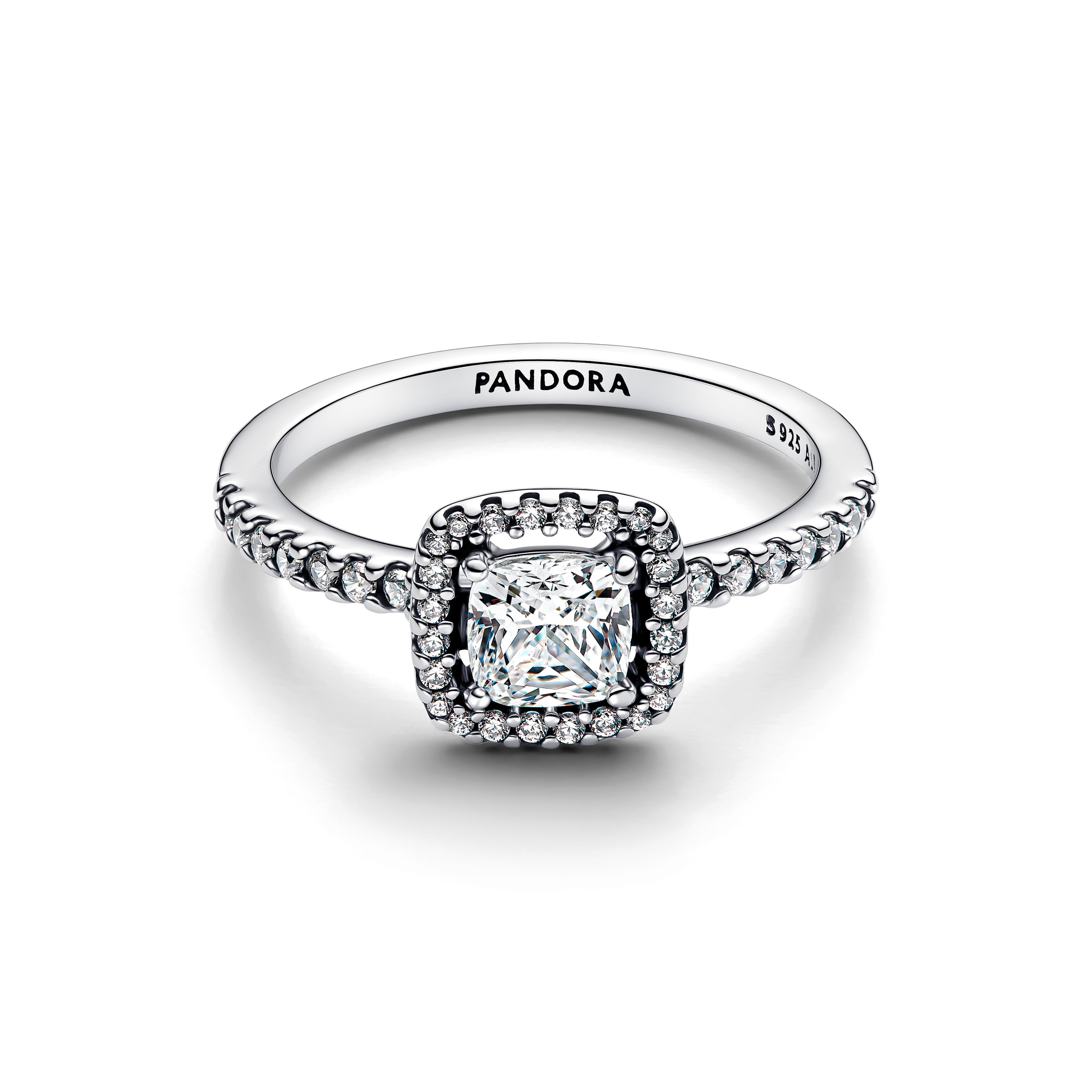 PANDORA Sparkling Square Halo Ring Cubic Zirconia Silver Weddings Rings Statement Ring Jewelry Gift