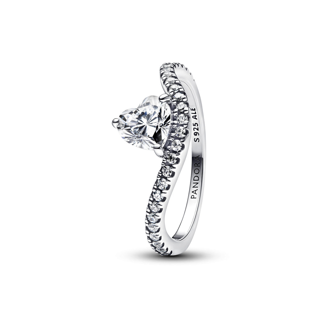 PANDORA Wavy Pavé Heart Ring Cubic Zirconia Silver Rings Statement Ring Jewelry Gift