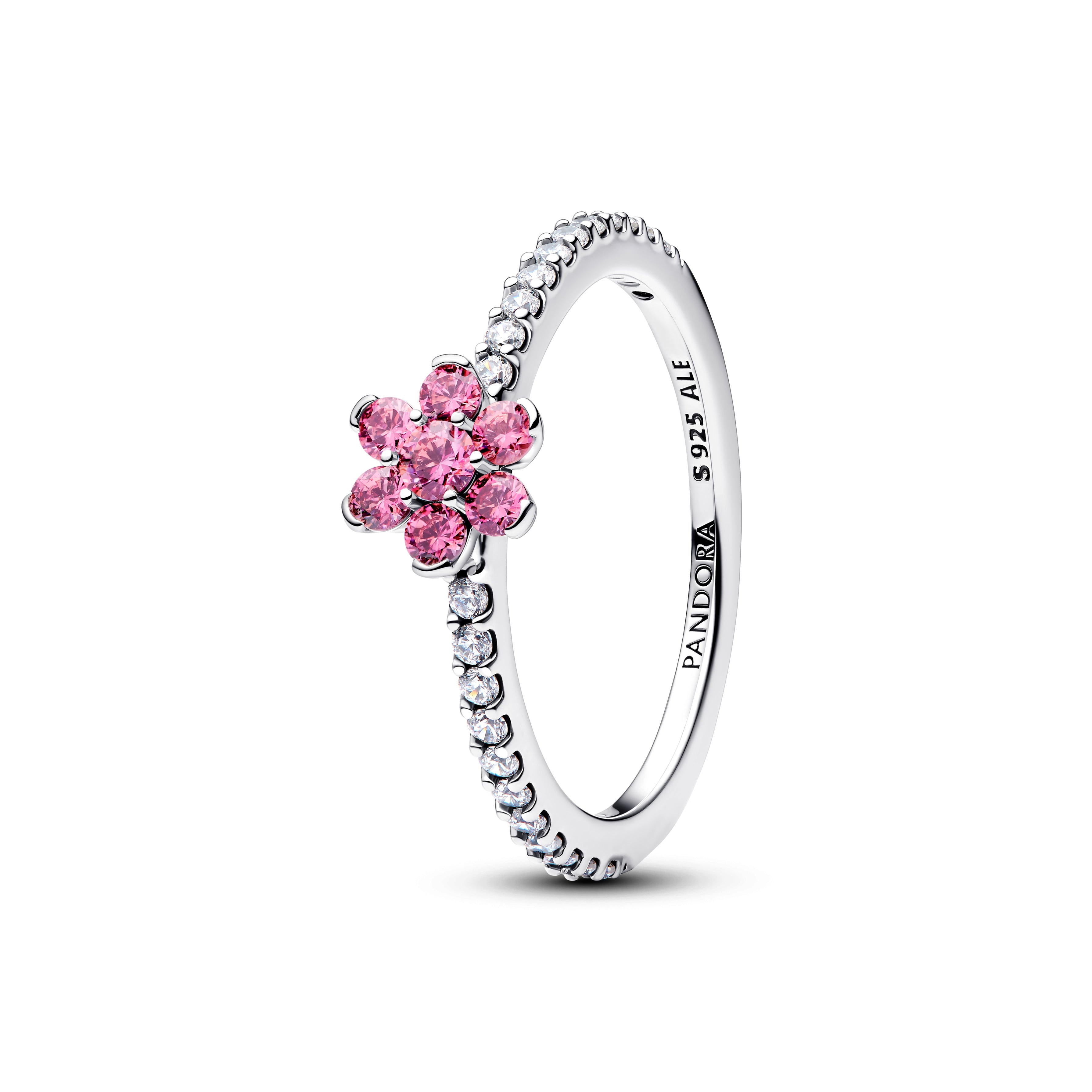 PANDORA Sparkling Pink Flower Ring Cubic Zirconia Flowers Rings Statement Ring Jewelry Gift