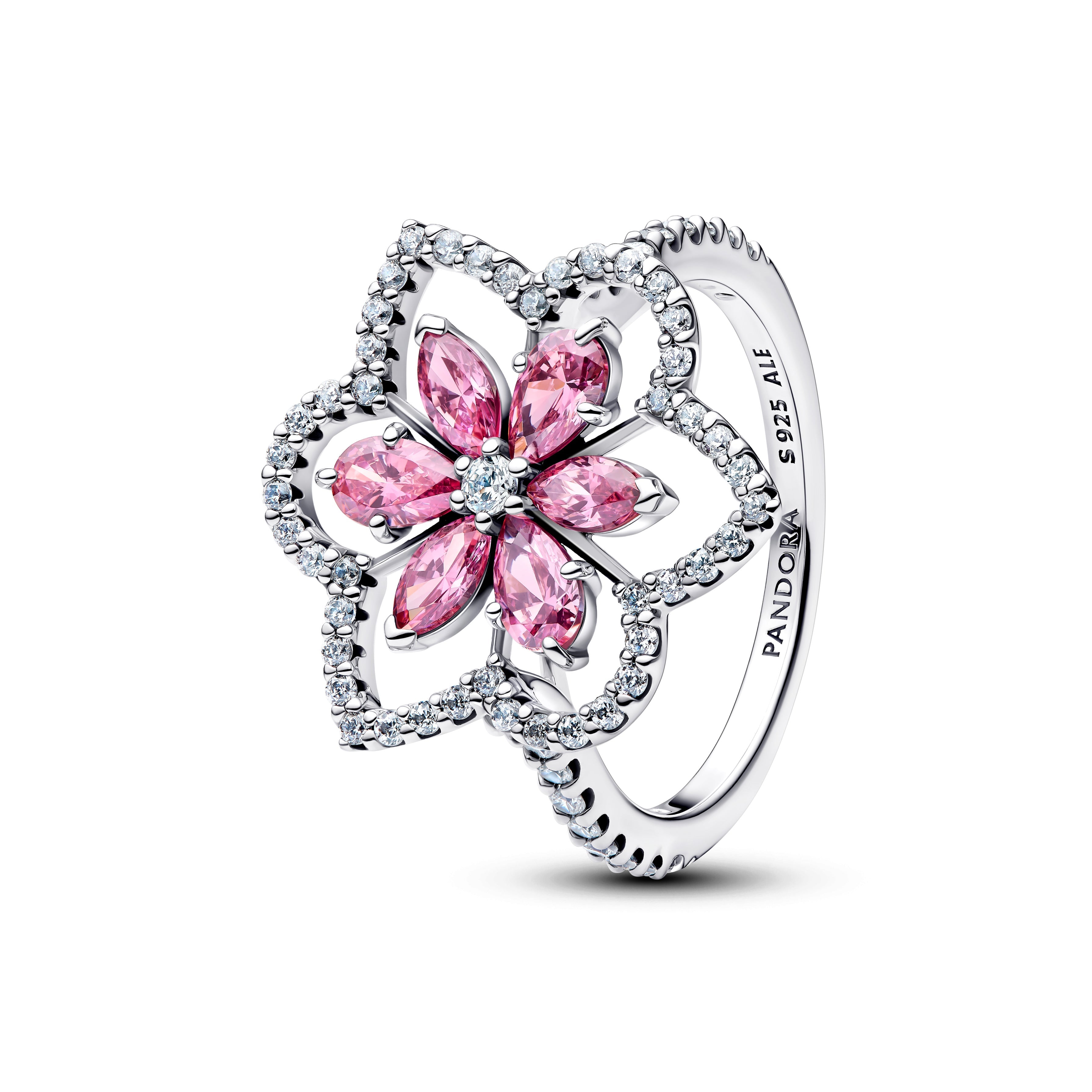 PANDORA Double Flower Cocktail Ring Cubic Zirconia Flowers Rings Statement Ring Jewelry Gift