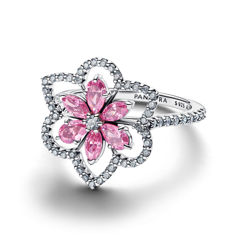 PANDORA Double Flower Cocktail Ring Cubic Zirconia Flowers Rings Statement Ring Jewelry Gift