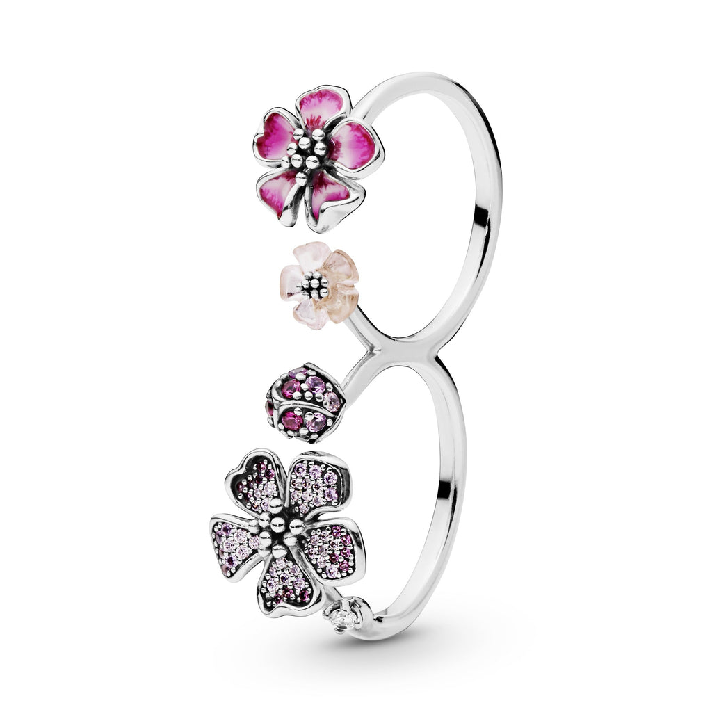 PANDORA Pink Peach Blossom Flower Double Finger Ring Cubic Zirconia Floral Rings Statement Ring Jewelry Gift