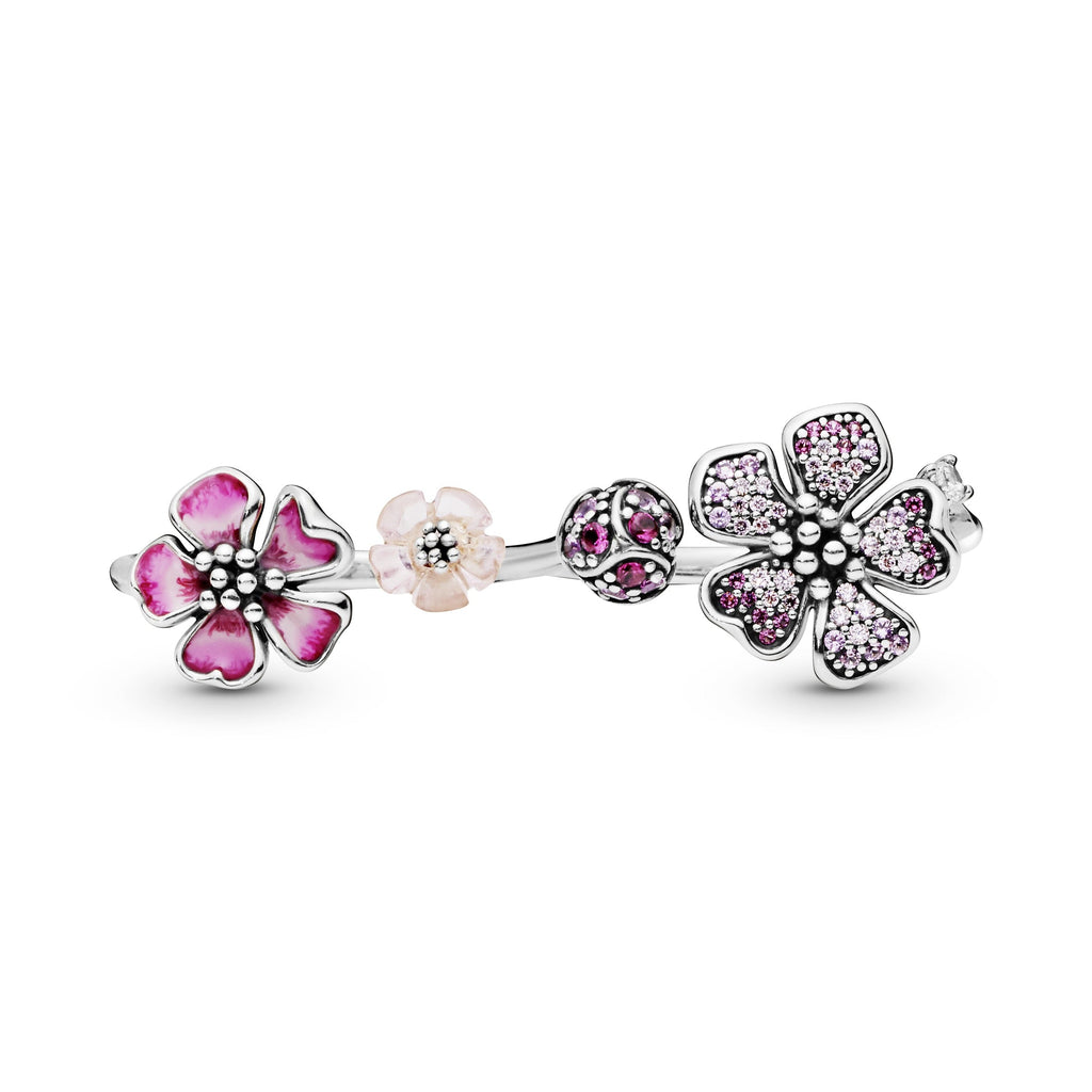 PANDORA Pink Peach Blossom Flower Double Finger Ring Cubic Zirconia Floral Rings Statement Ring Jewelry Gift