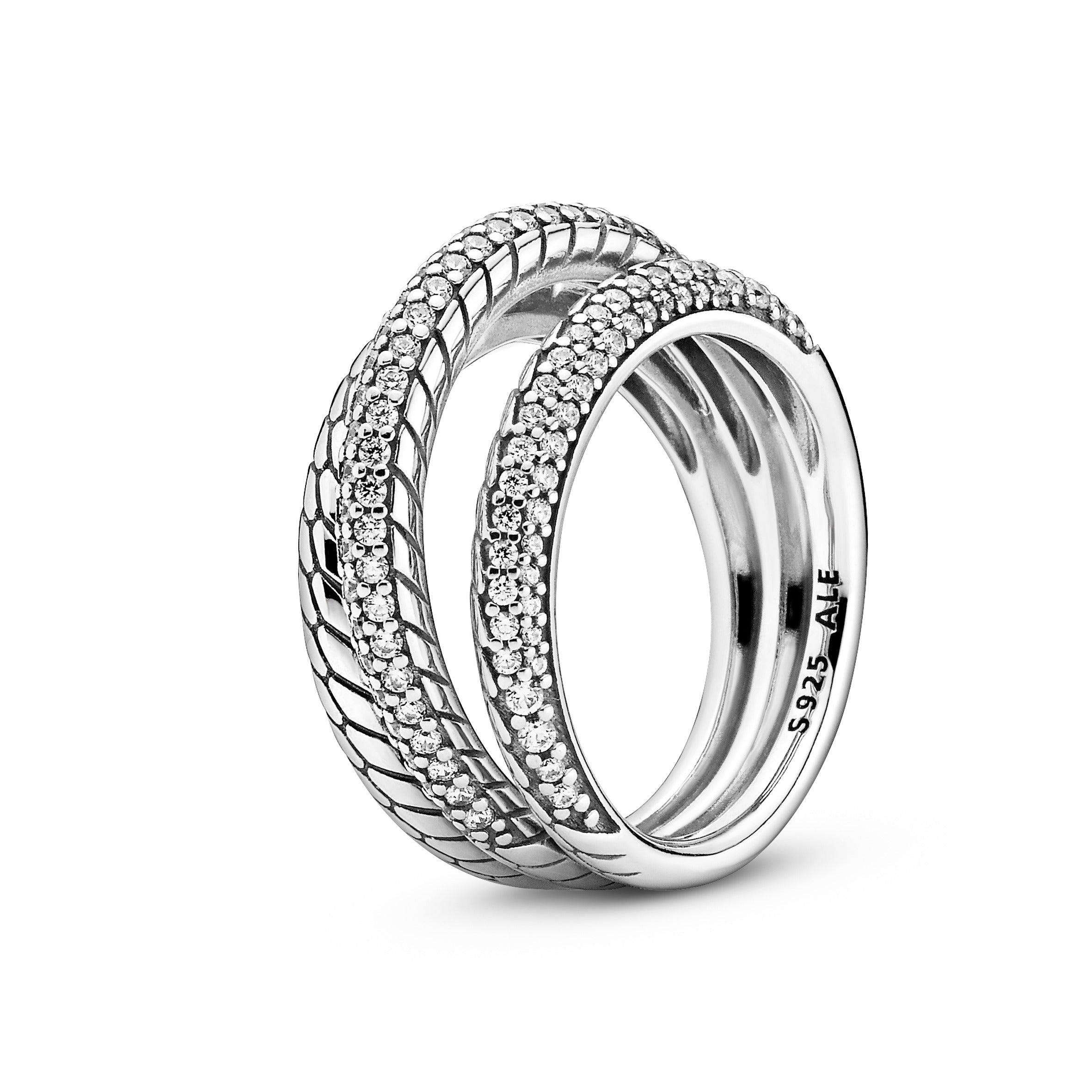 PANDORA Triple Band Pavé Snake Chain Pattern Ring Sterling Silver Rings Statement Ring Jewelry Gift