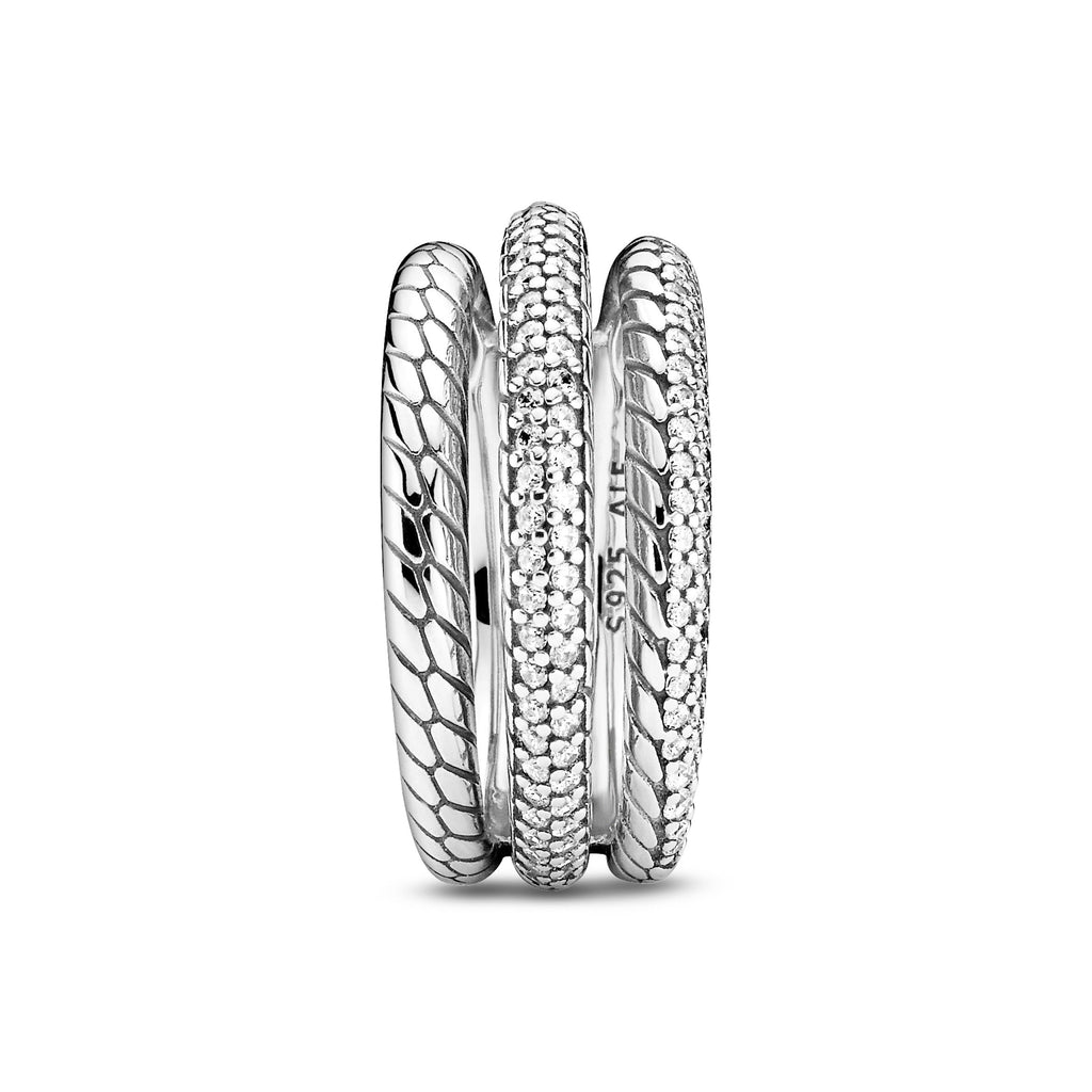 PANDORA Triple Band Pavé Snake Chain Pattern Ring Sterling Silver Rings Statement Ring Jewelry Gift