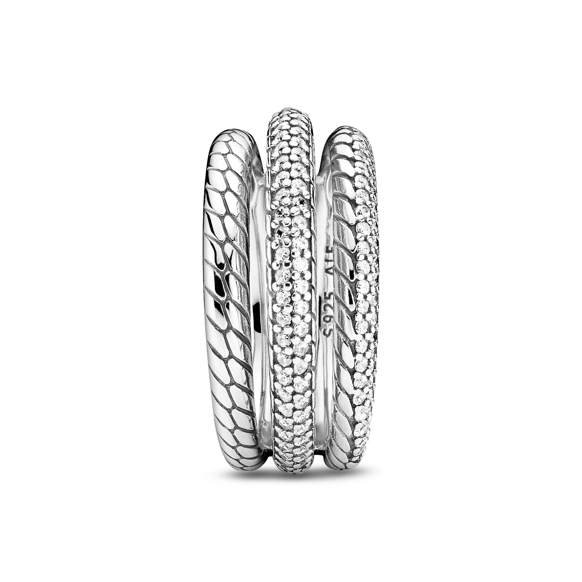 PANDORA Triple Band Pavé Snake Chain Pattern Ring Sterling Silver Rings Statement Ring Jewelry Gift