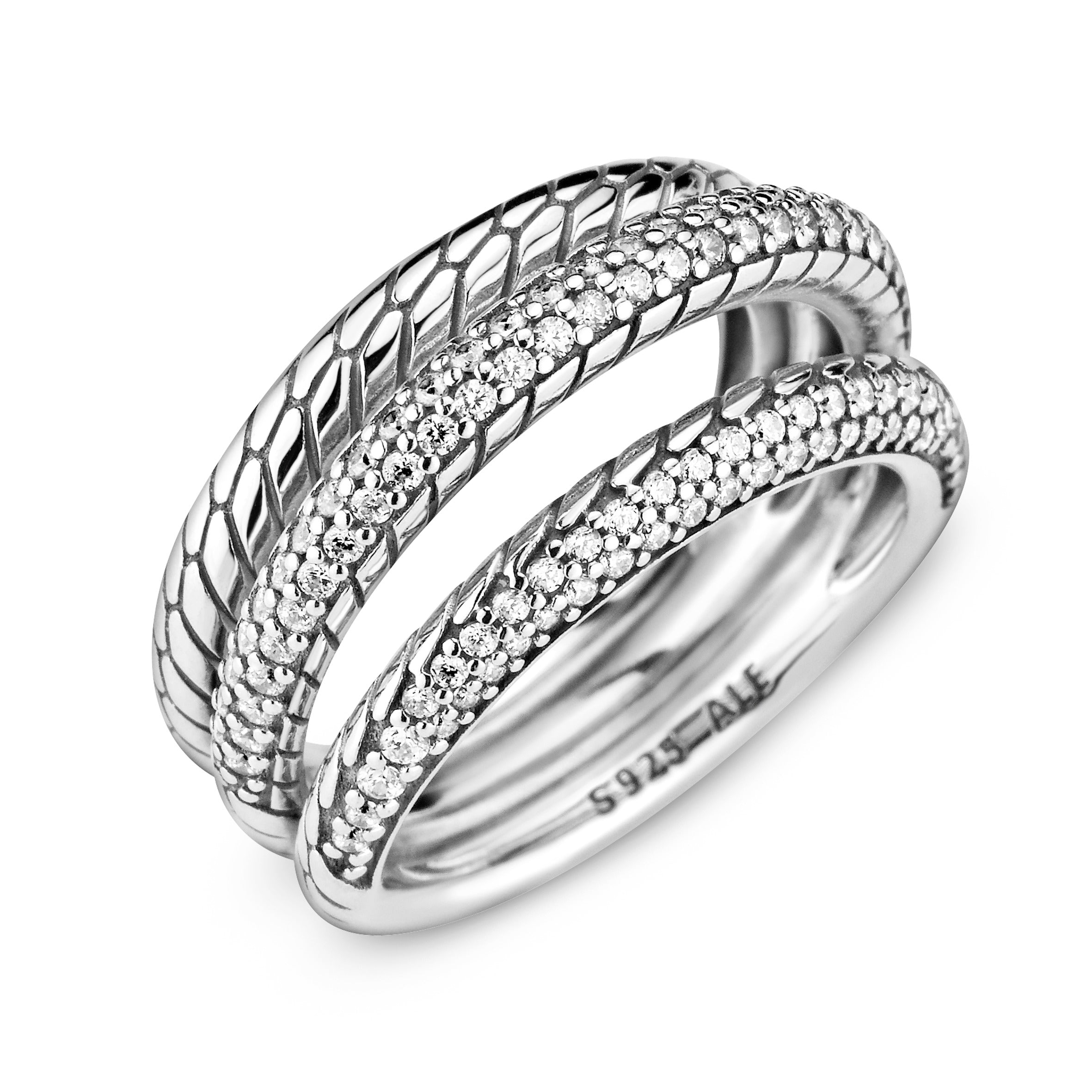 PANDORA Triple Band Pavé Snake Chain Pattern Ring Sterling Silver Rings Statement Ring Jewelry Gift