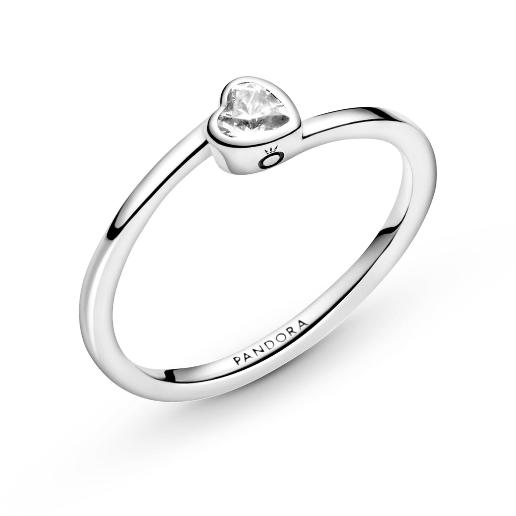 PANDORA Clear Tilted Heart Solitaire Ring Cubic Zirconia Silver Rings Statement Ring Jewelry Gift
