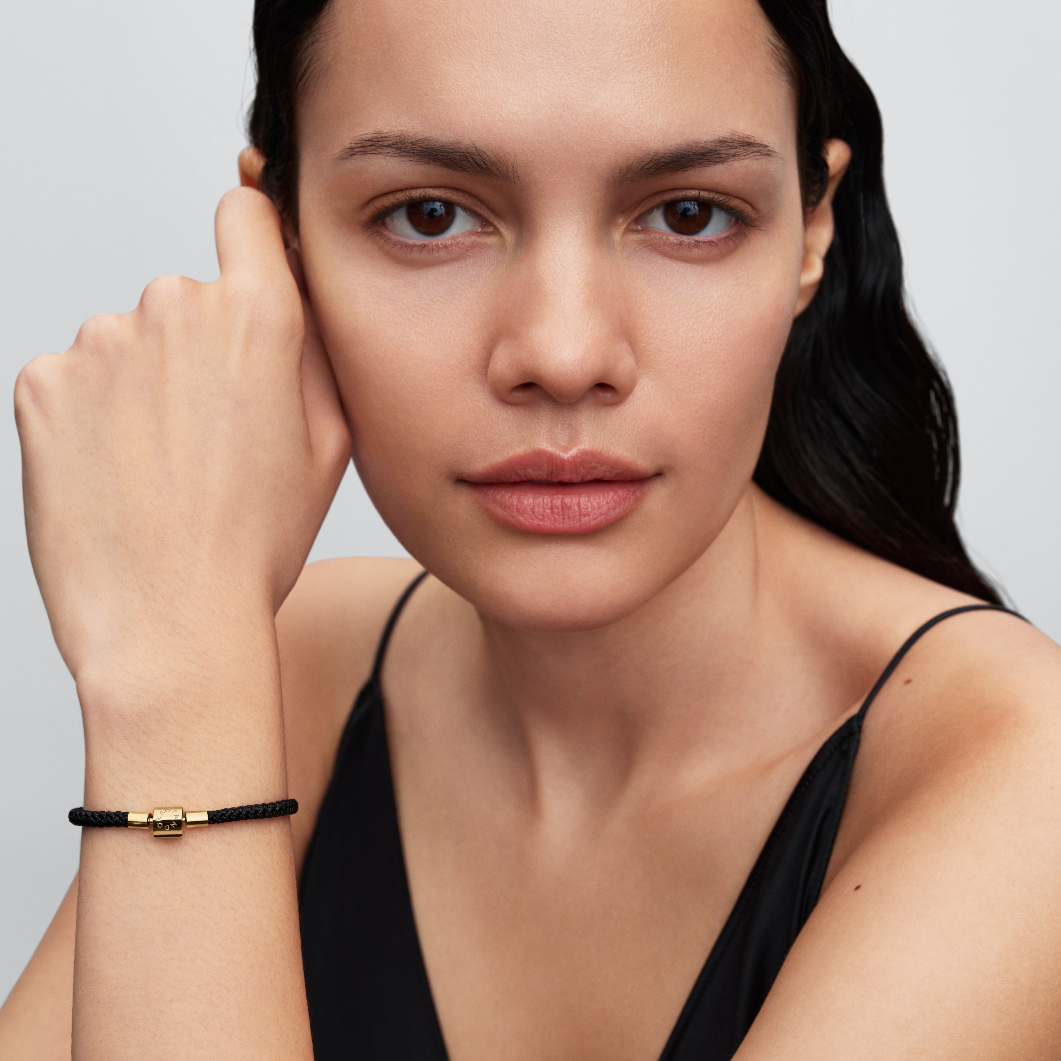PANDORA Shimmering Black Cord Bracelet 14K Gold Plated Unique Metal Blend Bracelets Statement Ring Jewelry Gift