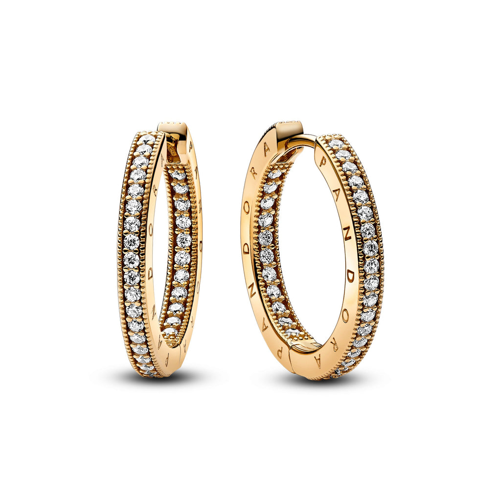 PANDORA Signature Logo And Pavé Hoop Earrings 14K Gold Plated Unique Metal Blend Weddings Statement Ring Jewelry Gift