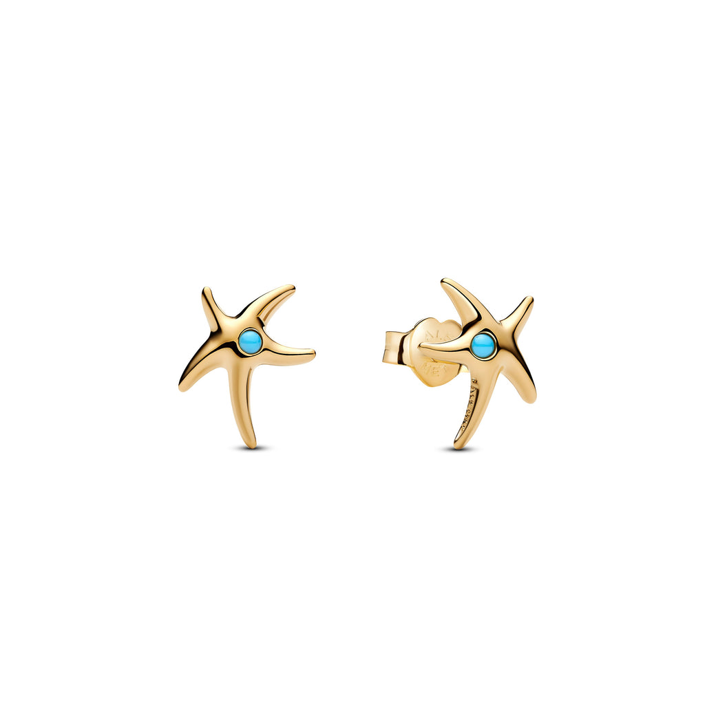 PANDORA Starfish Stud Earrings 14K Gold Plated Unique Metal Blend Blue Animals Statement Ring Jewelry Gift
