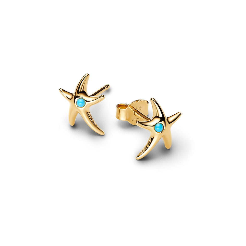 PANDORA Starfish Stud Earrings 14K Gold Plated Unique Metal Blend Blue Animals Statement Ring Jewelry Gift