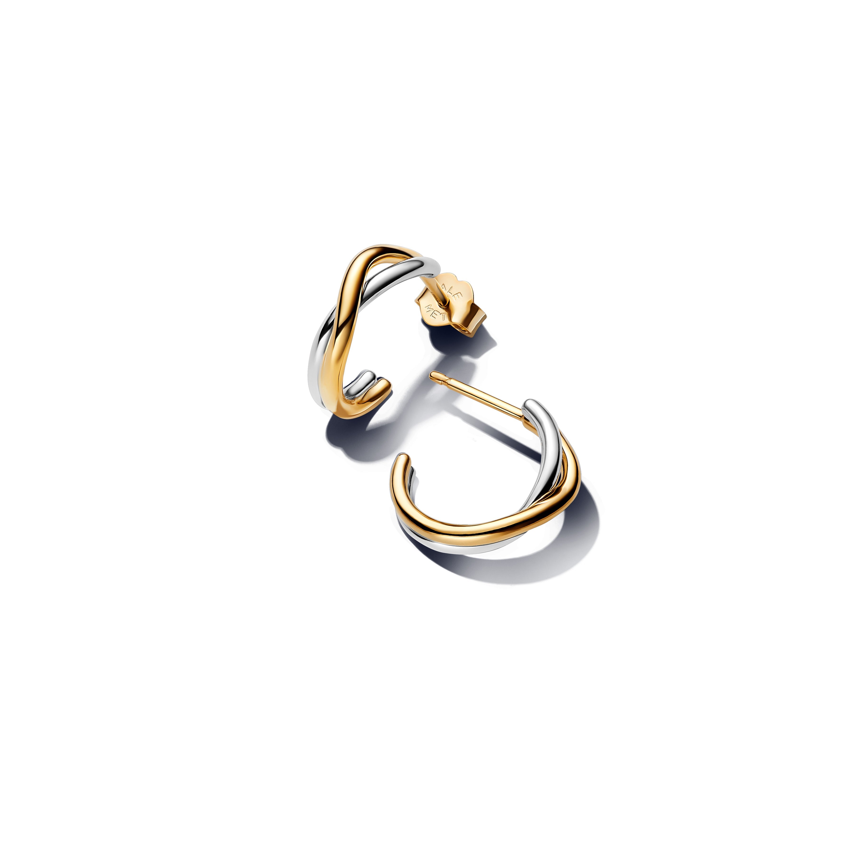 PANDORA Organically Shaped Two-tone Open Hoop Earrings 14K Gold Plated Unique Metal Blend Statement Ring Jewelry Gift