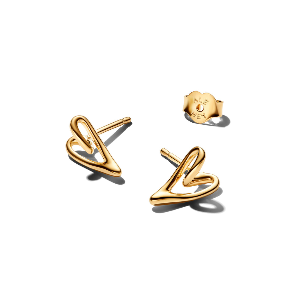 PANDORA Organically Shaped Heart Stud Earrings 14K Gold Plated Unique Metal Blend Statement Ring Jewelry Gift