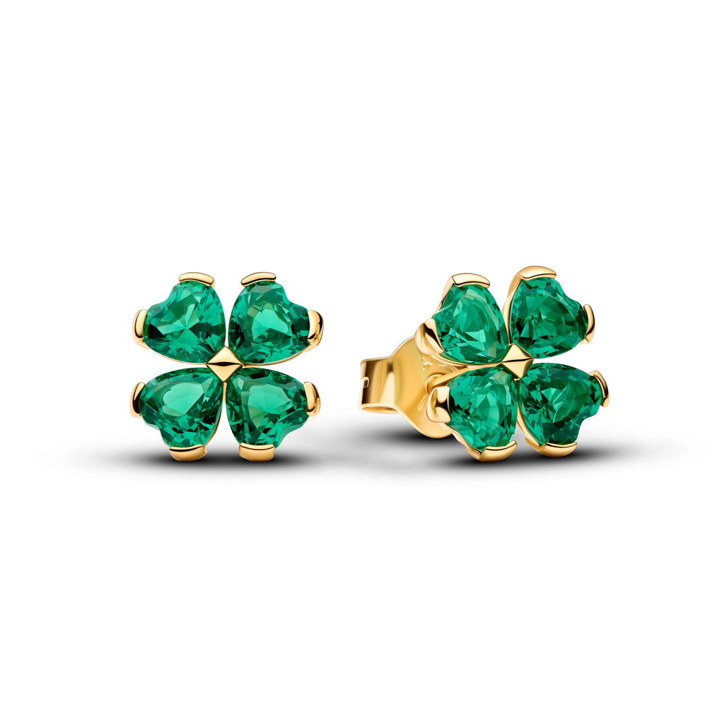 PANDORA Green Lucky Clover Stud Earrings 14K Gold Plated Unique Metal Blend Four Leaf Clover Statement Ring Jewelry Gift