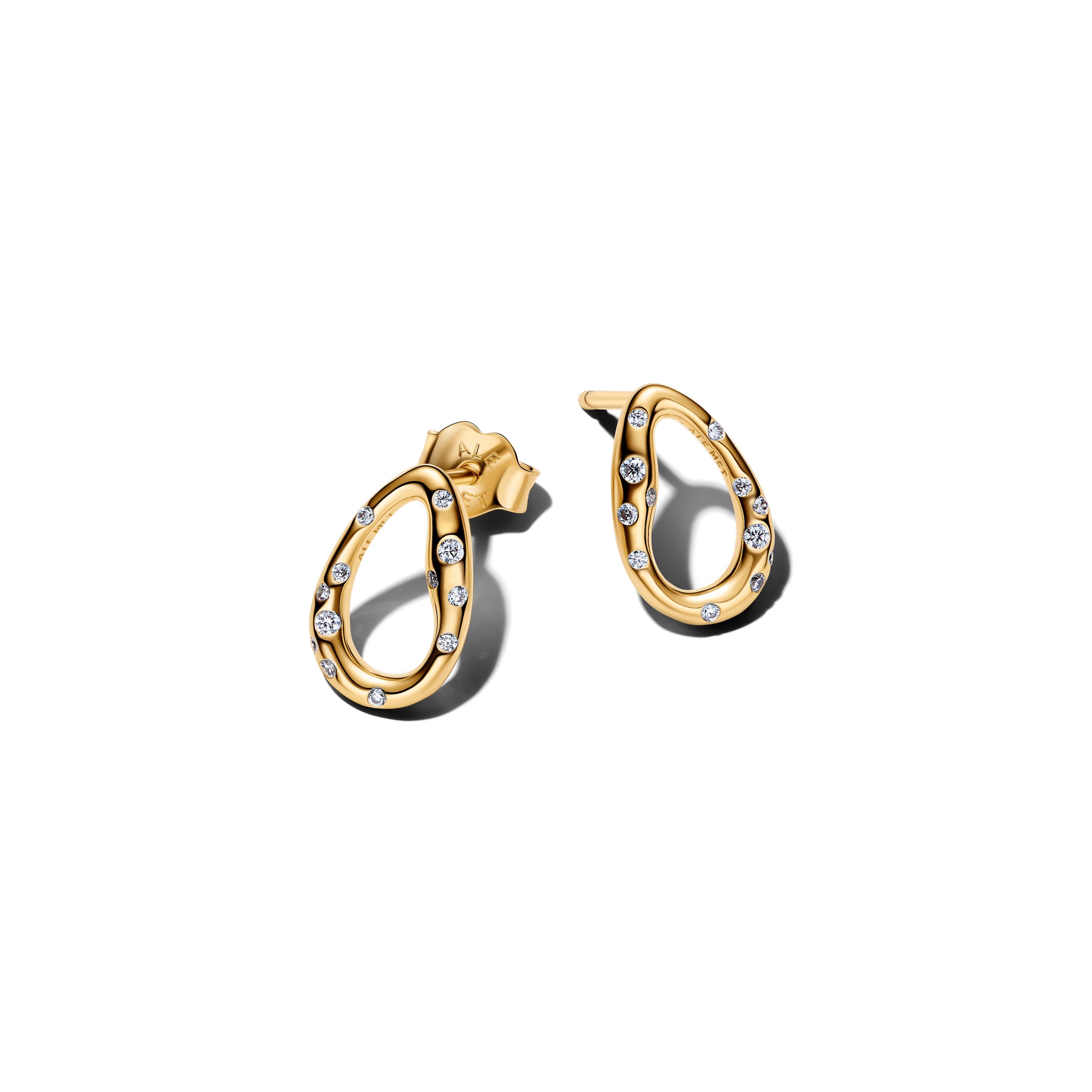 PANDORA Organically Shaped Stone-Set Oval Stud Earrings 14K Gold Plated Unique Metal Blend Summer Statement Ring Jewelry Gift