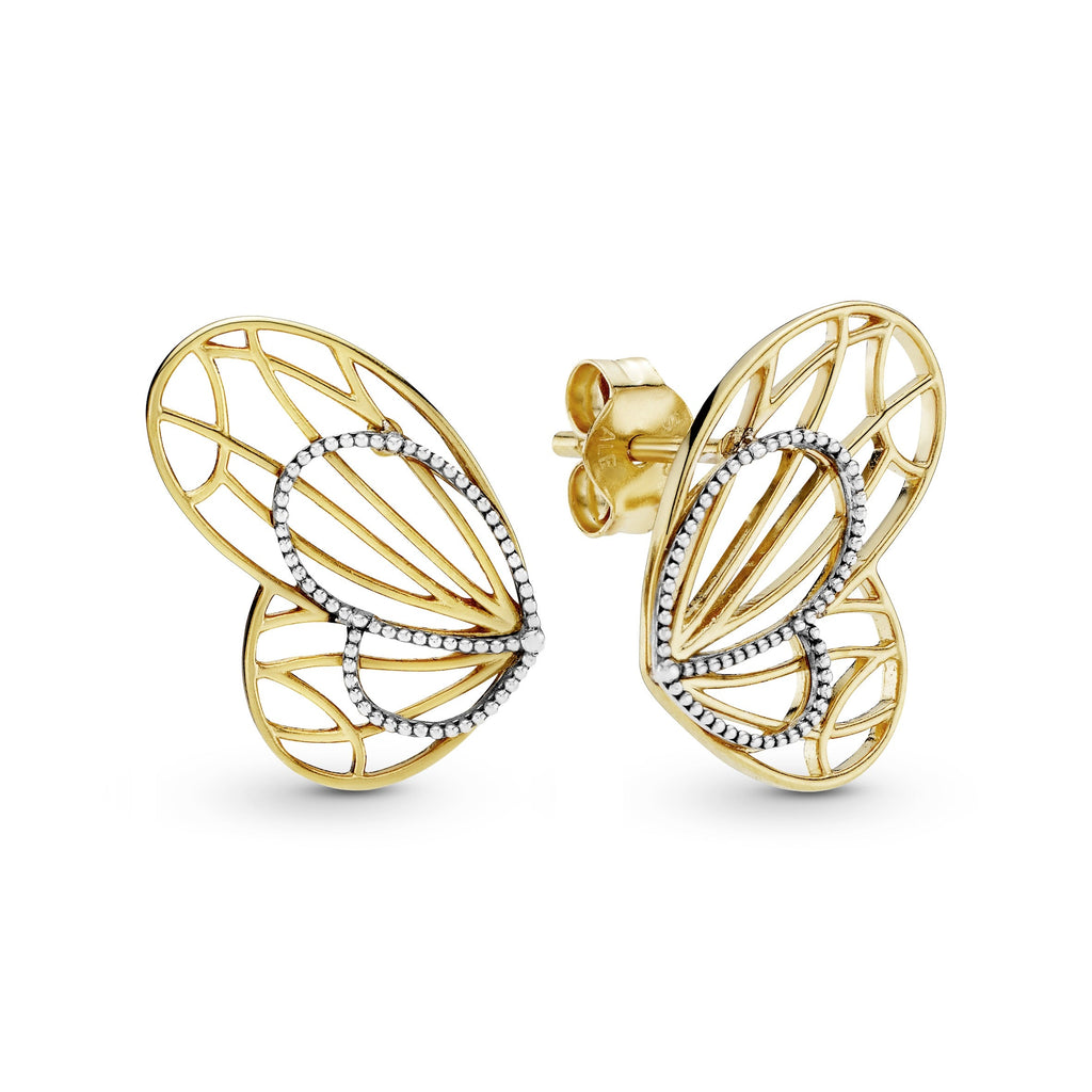 PANDORA Openwork Butterfly Wing Stud Earrings 14K Gold Plated Unique Metal Blend Nature Statement Ring Jewelry Gift