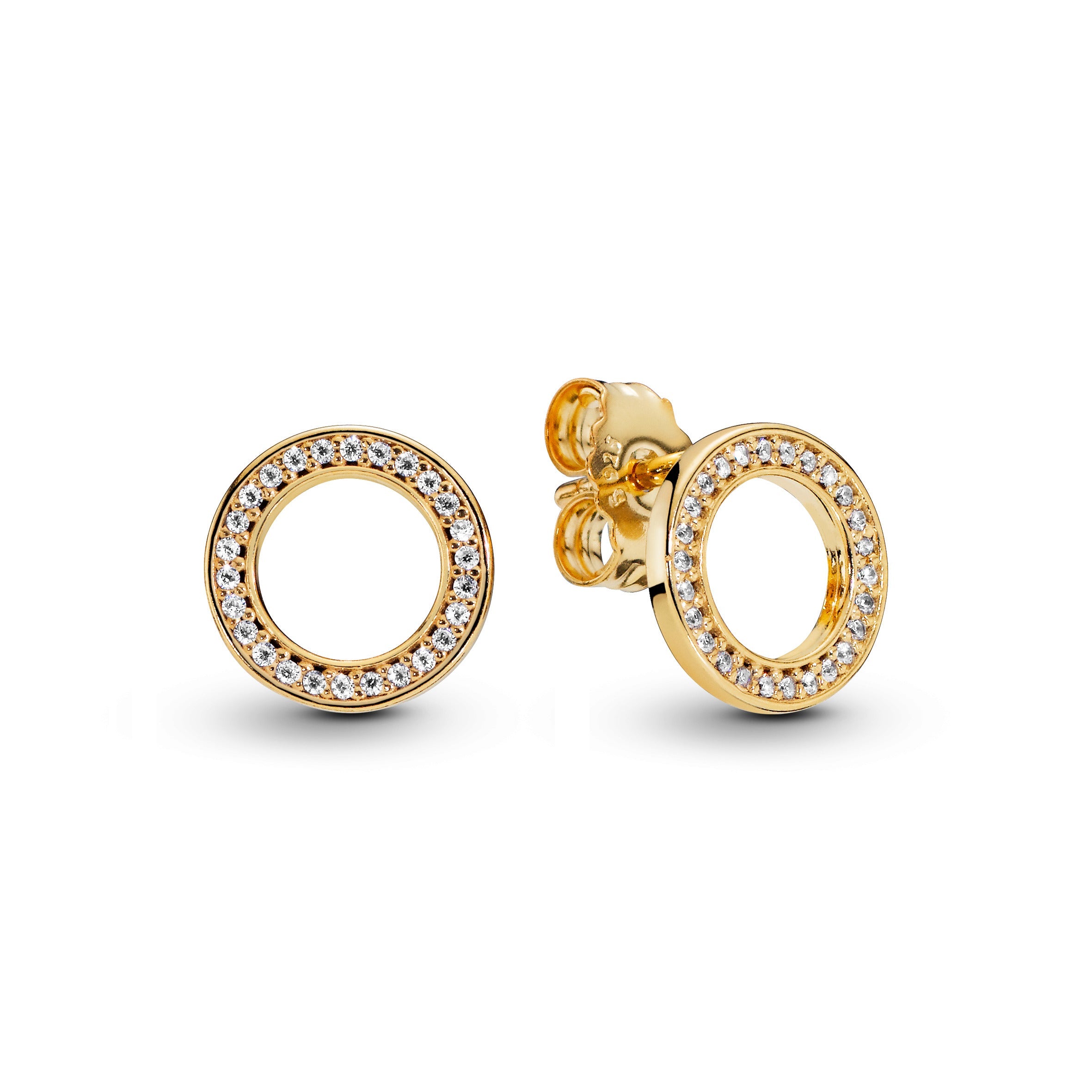 PANDORA Sparkling Circle Stud Earrings 14K Gold Plated Unique Metal Blend Statement Ring Jewelry Gift