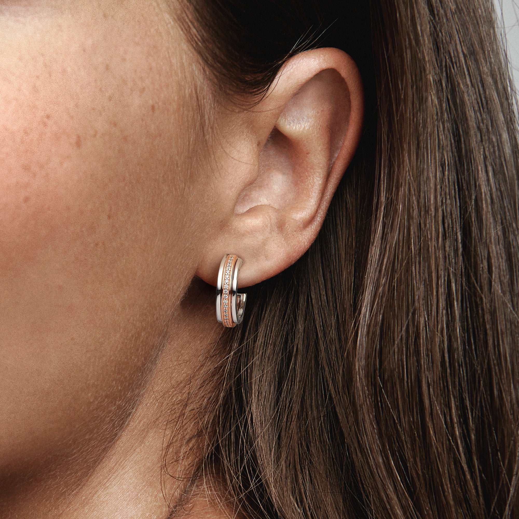 PANDORA Signature Two Tone Logo And Pavé Hoop Earrings 14K Rose Gold Plated Unique Metal Blend Statement Ring Jewelry Gift