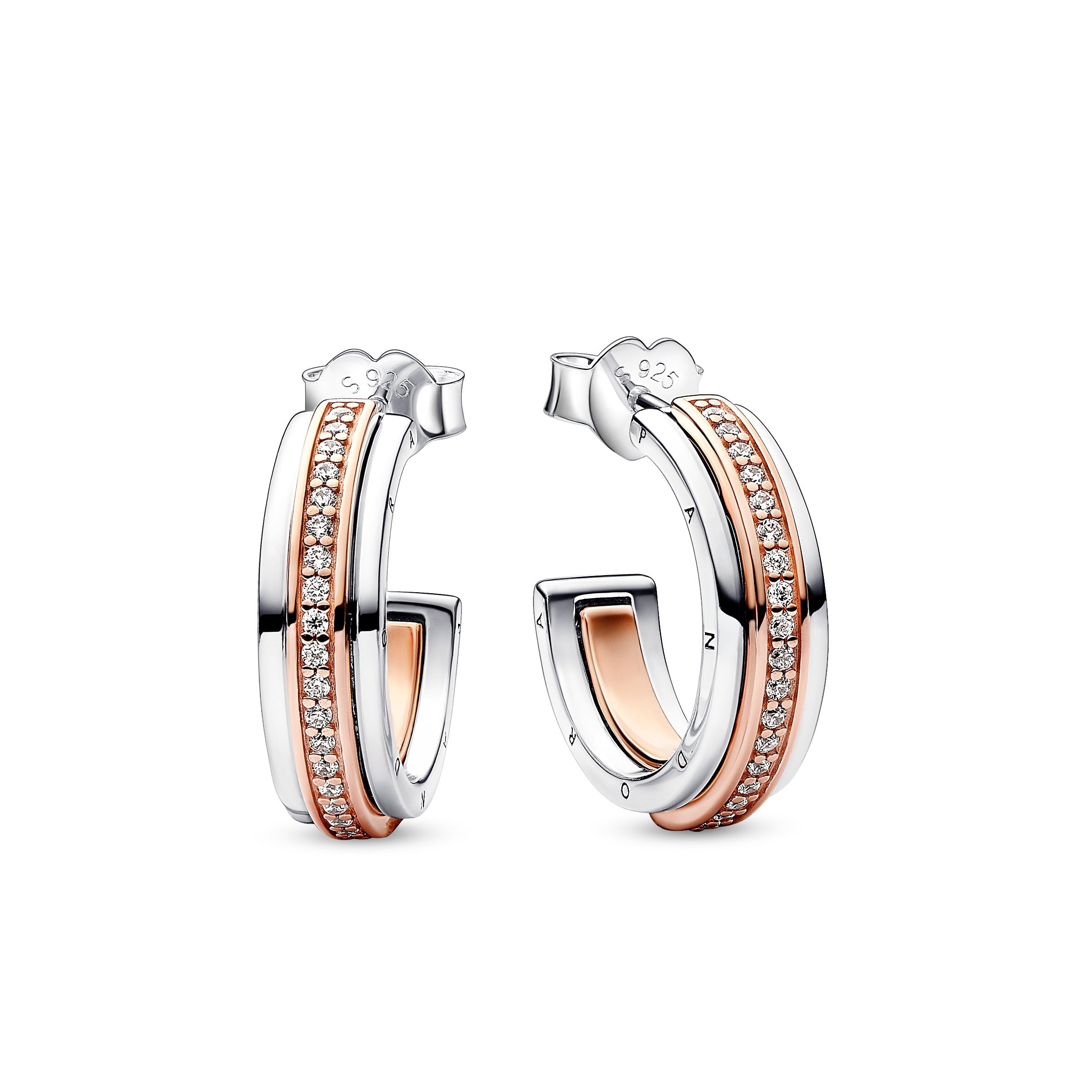 PANDORA Signature Two Tone Logo And Pavé Hoop Earrings 14K Rose Gold Plated Unique Metal Blend Statement Ring Jewelry Gift