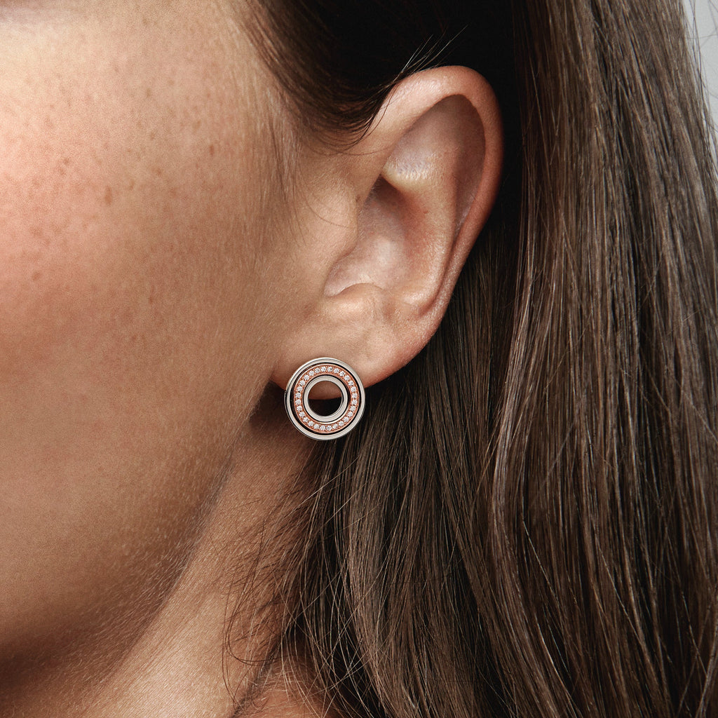 PANDORA Signature Two Tone Logo And Pavé Stud Earrings 14K Rose Gold Plated Unique Metal Blend Statement Ring Jewelry Gift