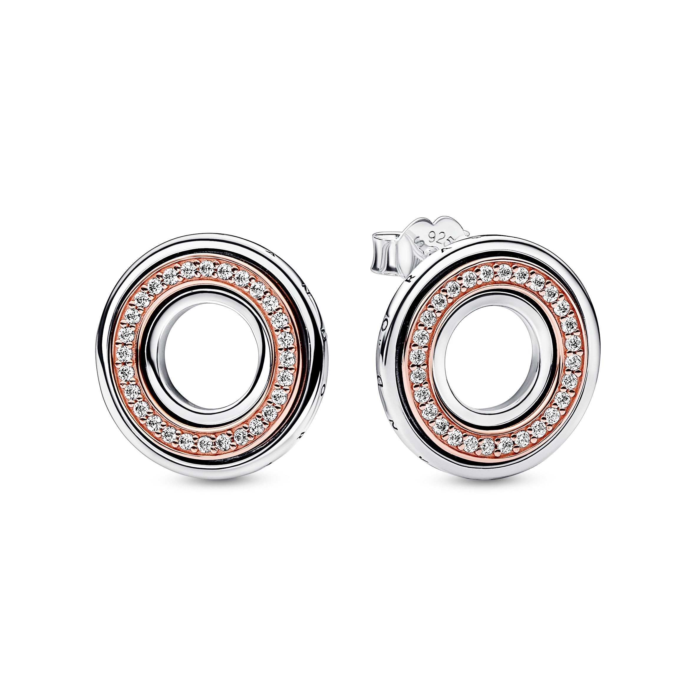 PANDORA Signature Two Tone Logo And Pavé Stud Earrings 14K Rose Gold Plated Unique Metal Blend Statement Ring Jewelry Gift