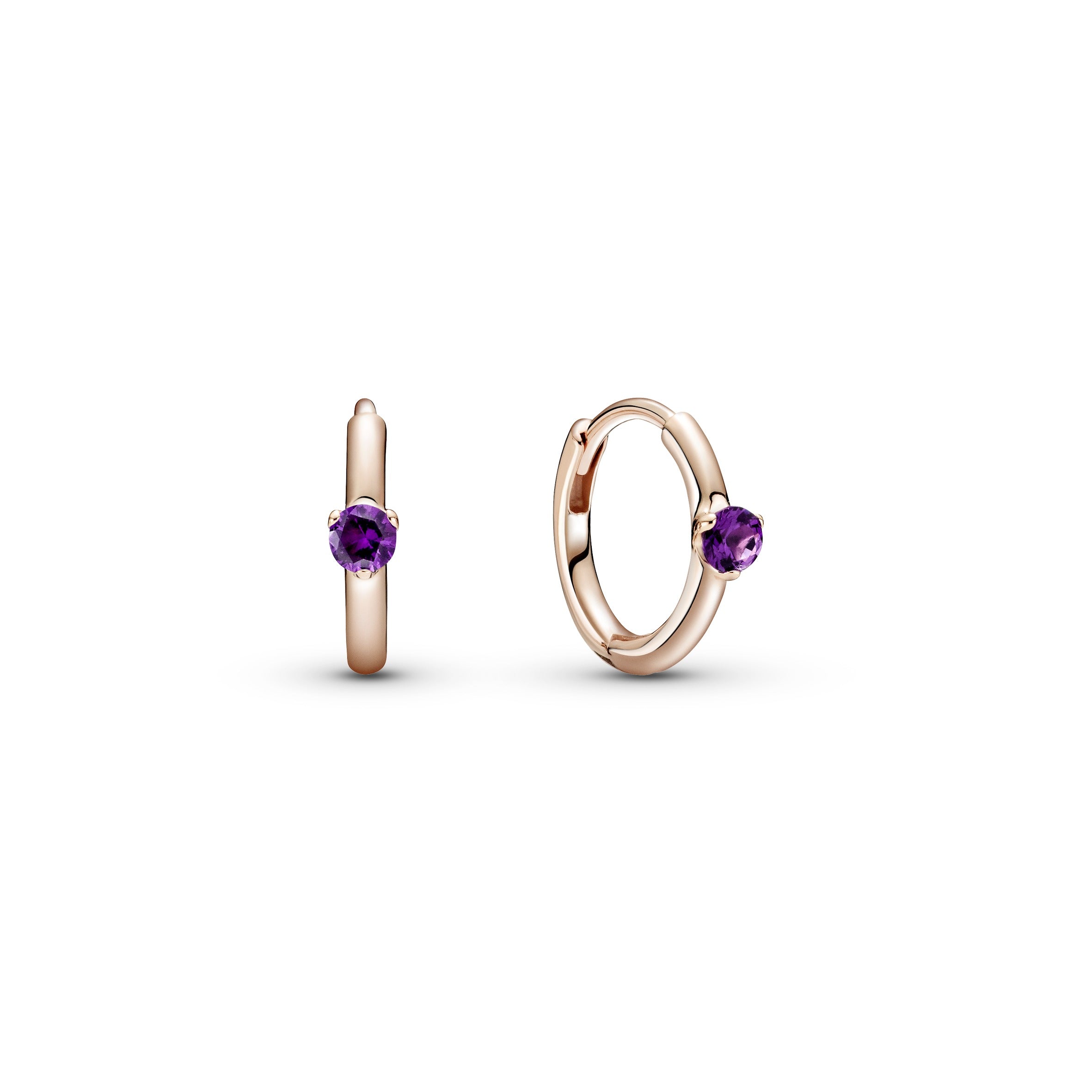 PANDORA Purple Solitaire Huggie Hoop Earrings 14K Rose Gold Plated Unique Metal Blend Symbols And Colours Statement Ring Jewelry Gift