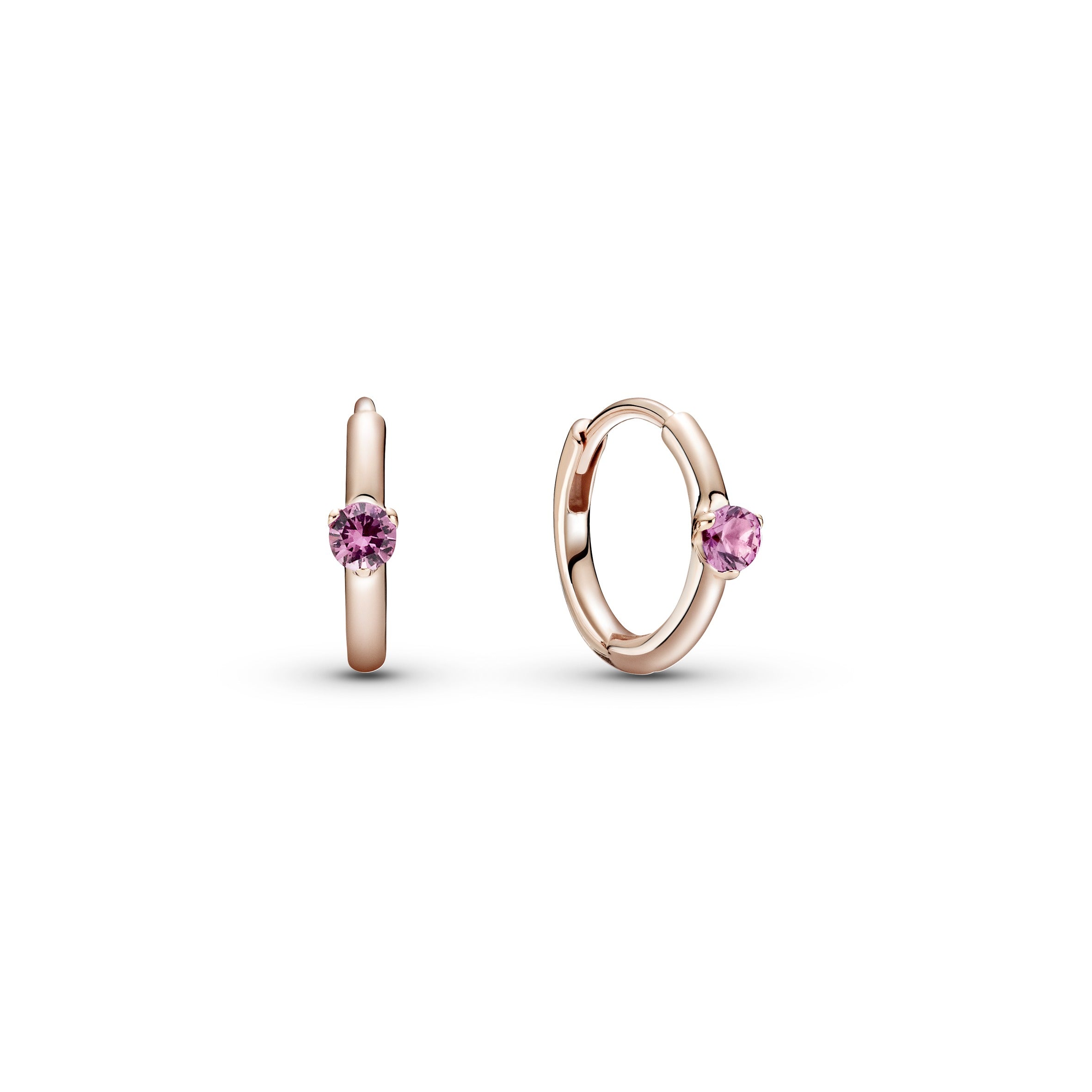 PANDORA Pink Solitaire Huggie Hoop Earrings 14K Rose Gold Plated Unique Metal Blend Statement Ring Jewelry Gift