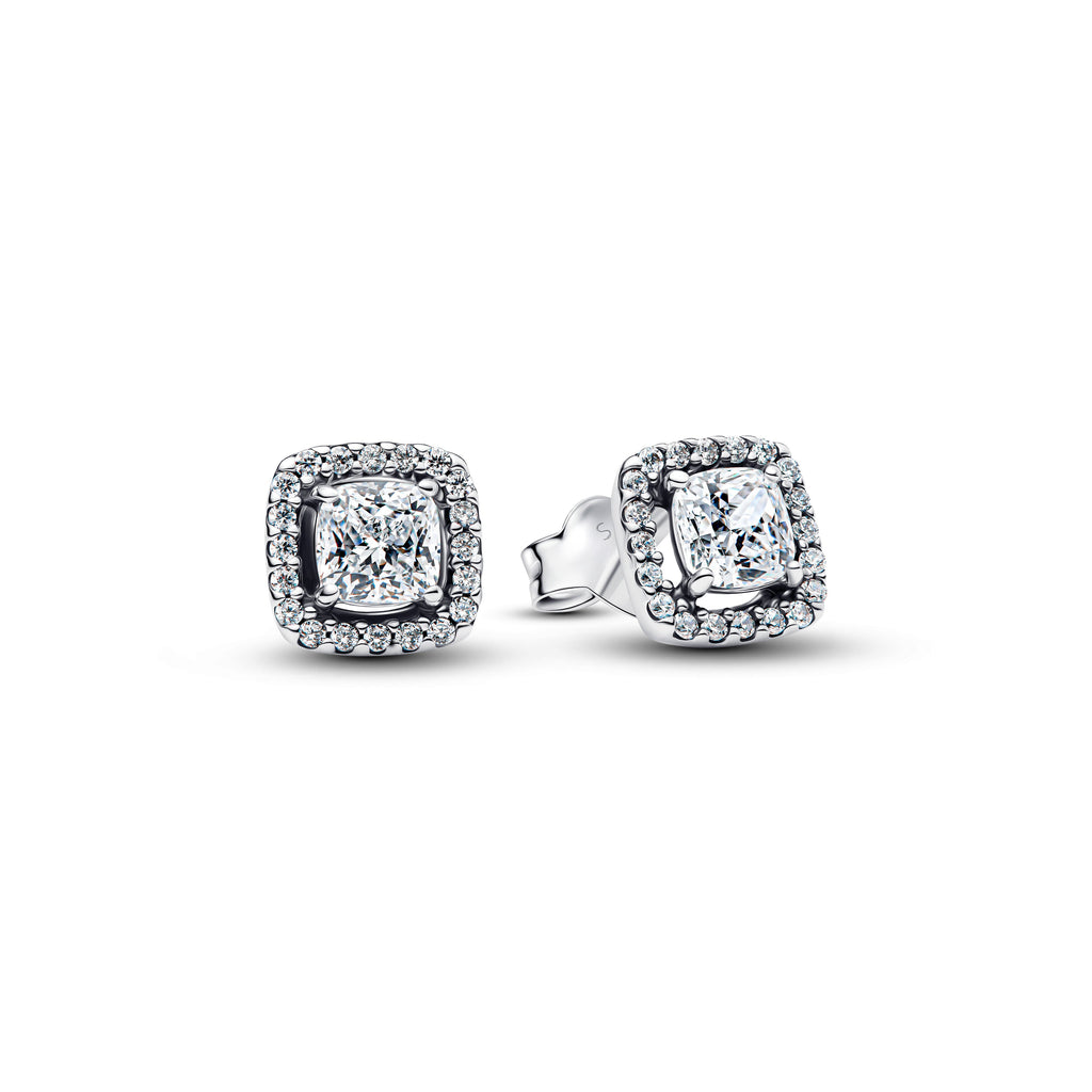PANDORA Square Halo Stud Earrings Cubic Zirconia Silver Weddings Statement Ring Jewelry Gift