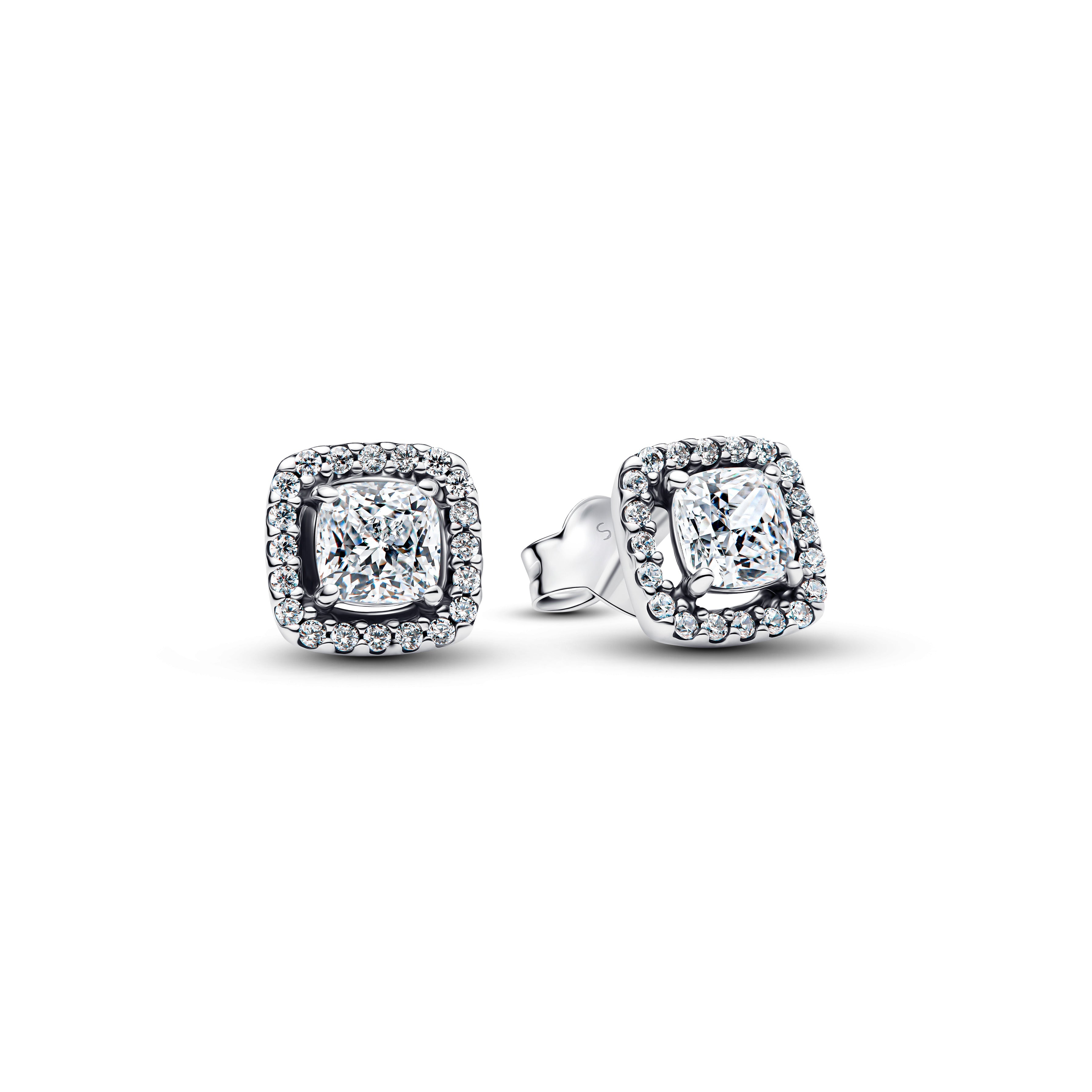 PANDORA Square Halo Stud Earrings Cubic Zirconia Silver Weddings Statement Ring Jewelry Gift