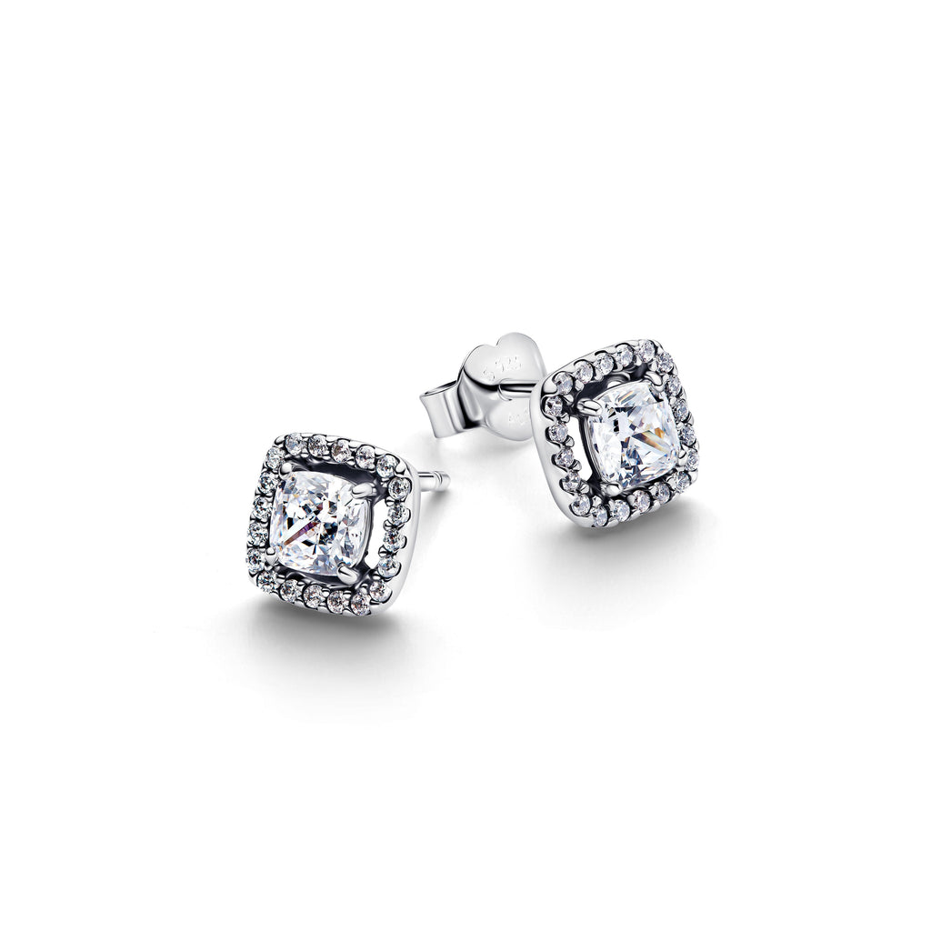 PANDORA Square Halo Stud Earrings Cubic Zirconia Silver Weddings Statement Ring Jewelry Gift