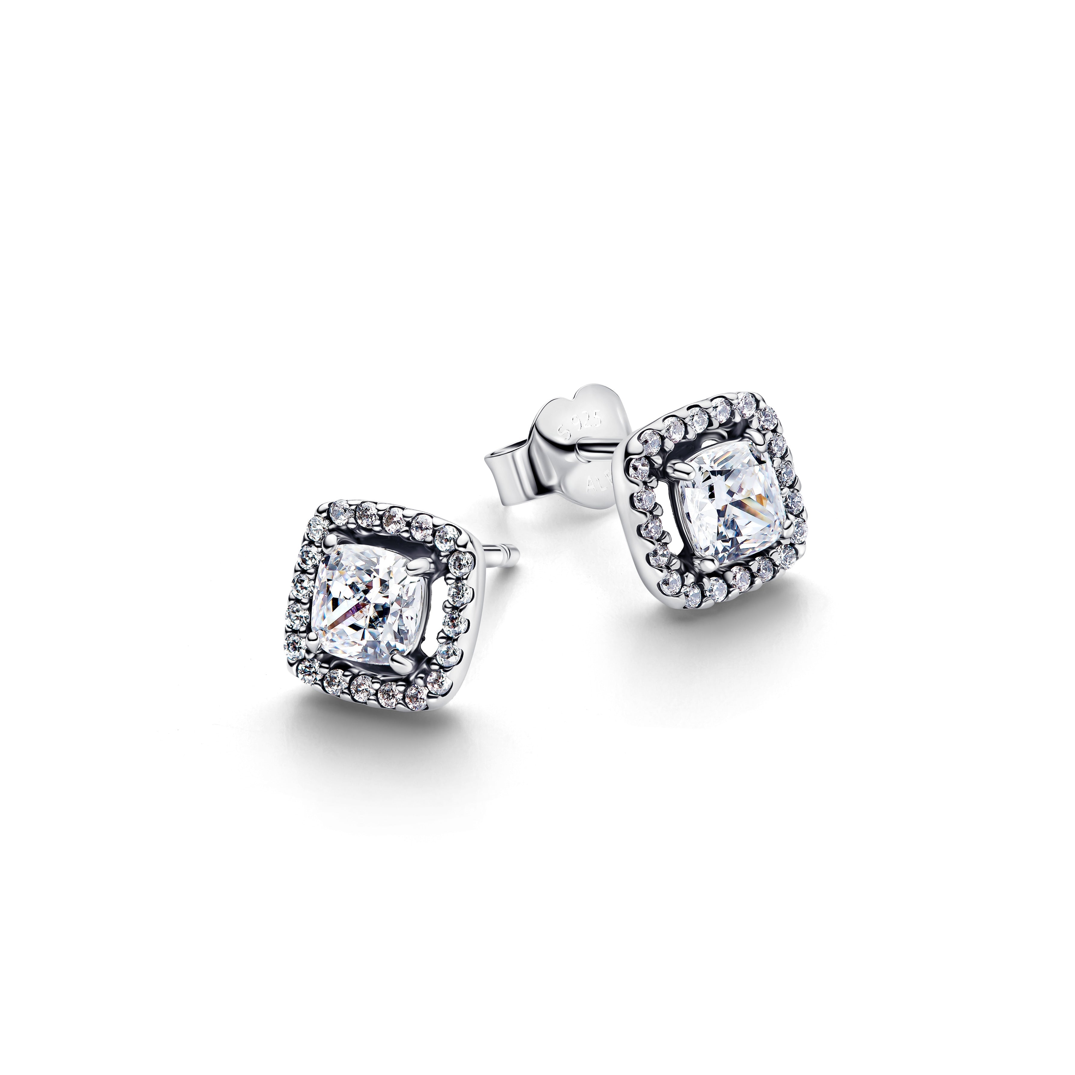 PANDORA Square Halo Stud Earrings Cubic Zirconia Silver Weddings Statement Ring Jewelry Gift