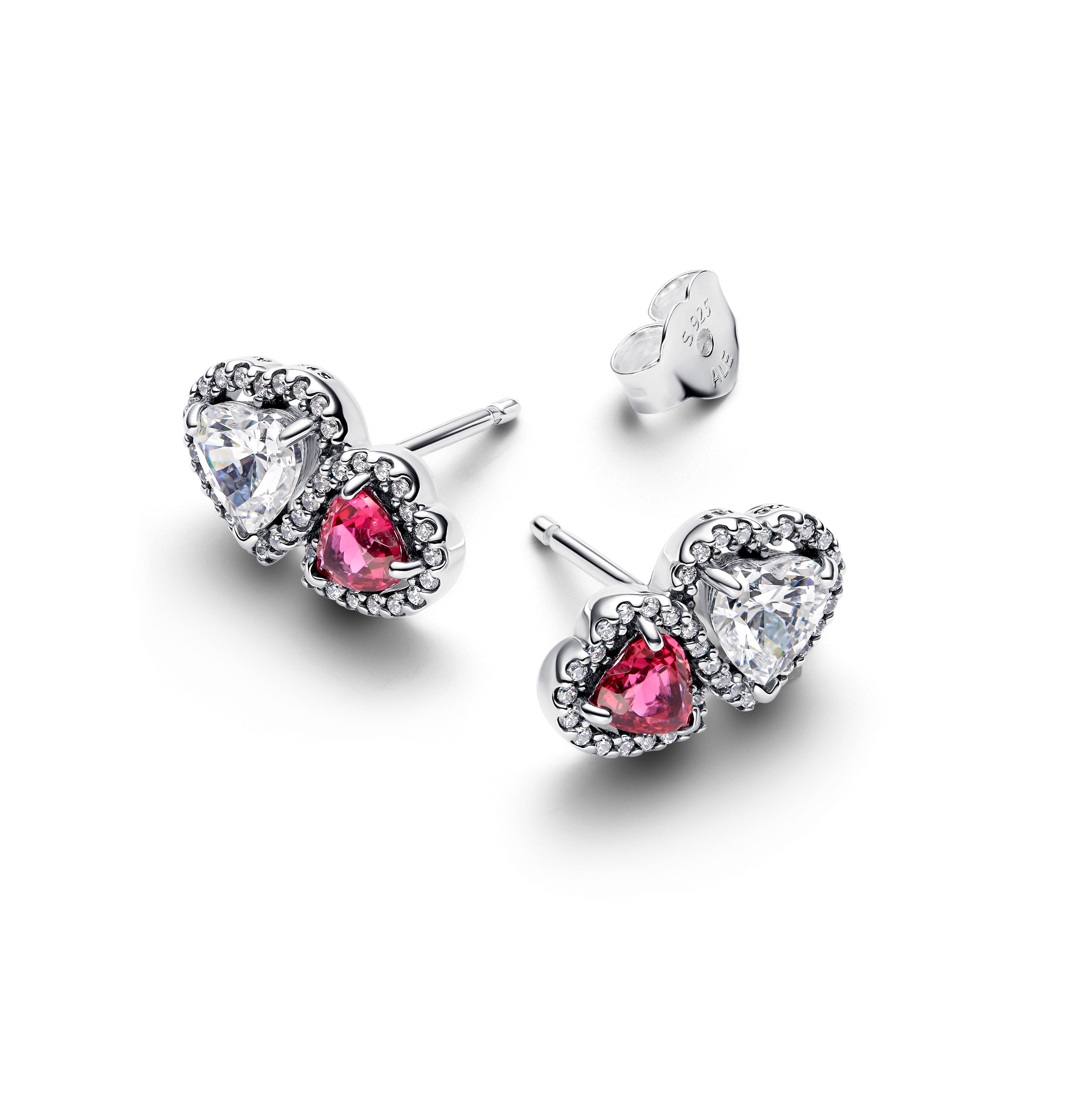 PANDORA Halo Hearts Stud Earrings Cubic Zirconia Red Statement Ring Jewelry Gift