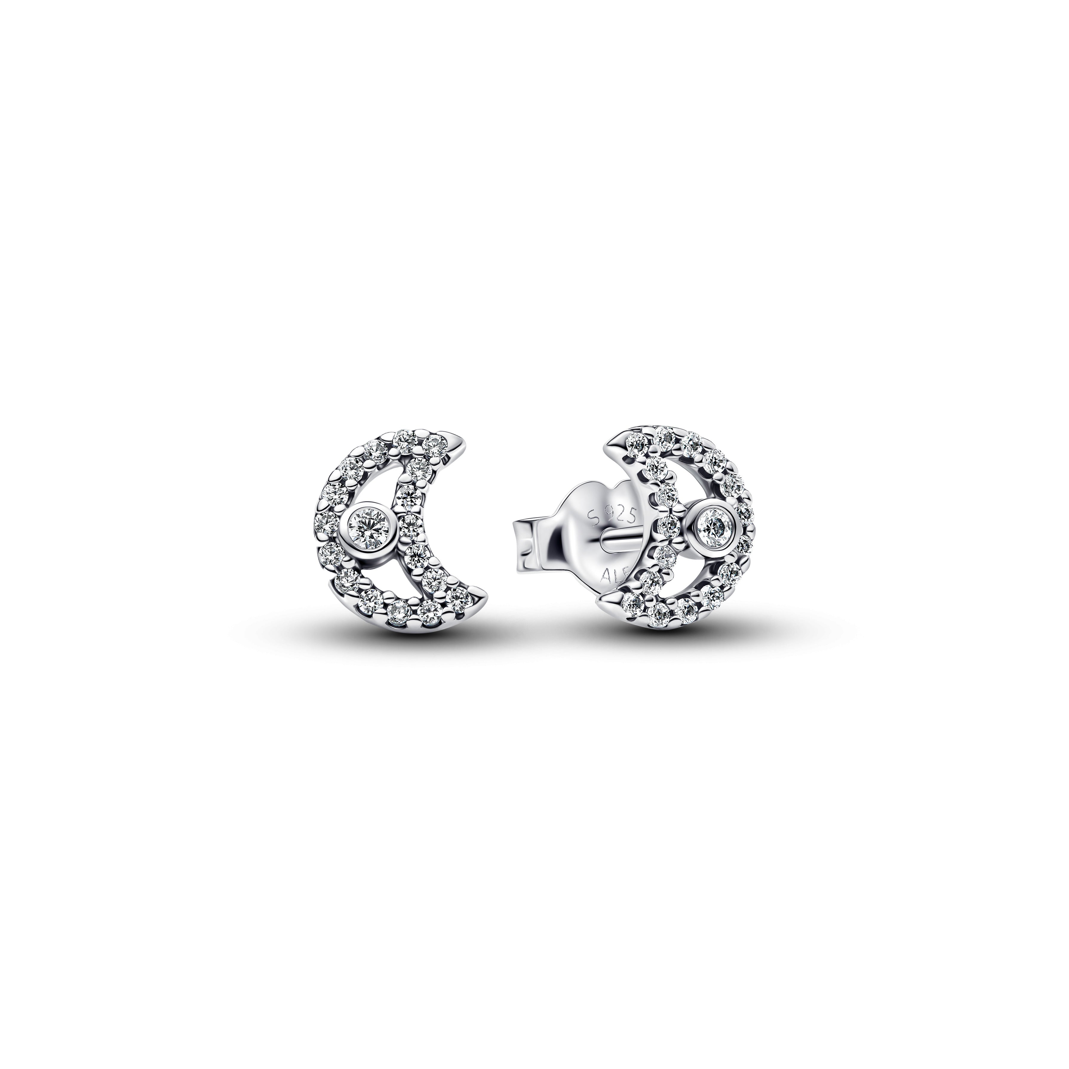 PANDORA Sparkling Moon Stud Earrings Cubic Zirconia Silver Statement Ring Jewelry Gift