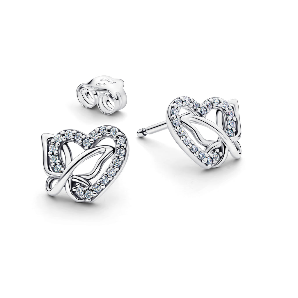 PANDORA Entwined Heart And Butterfly Stud Earrings Cubic Zirconia Statement Ring Jewelry Gift