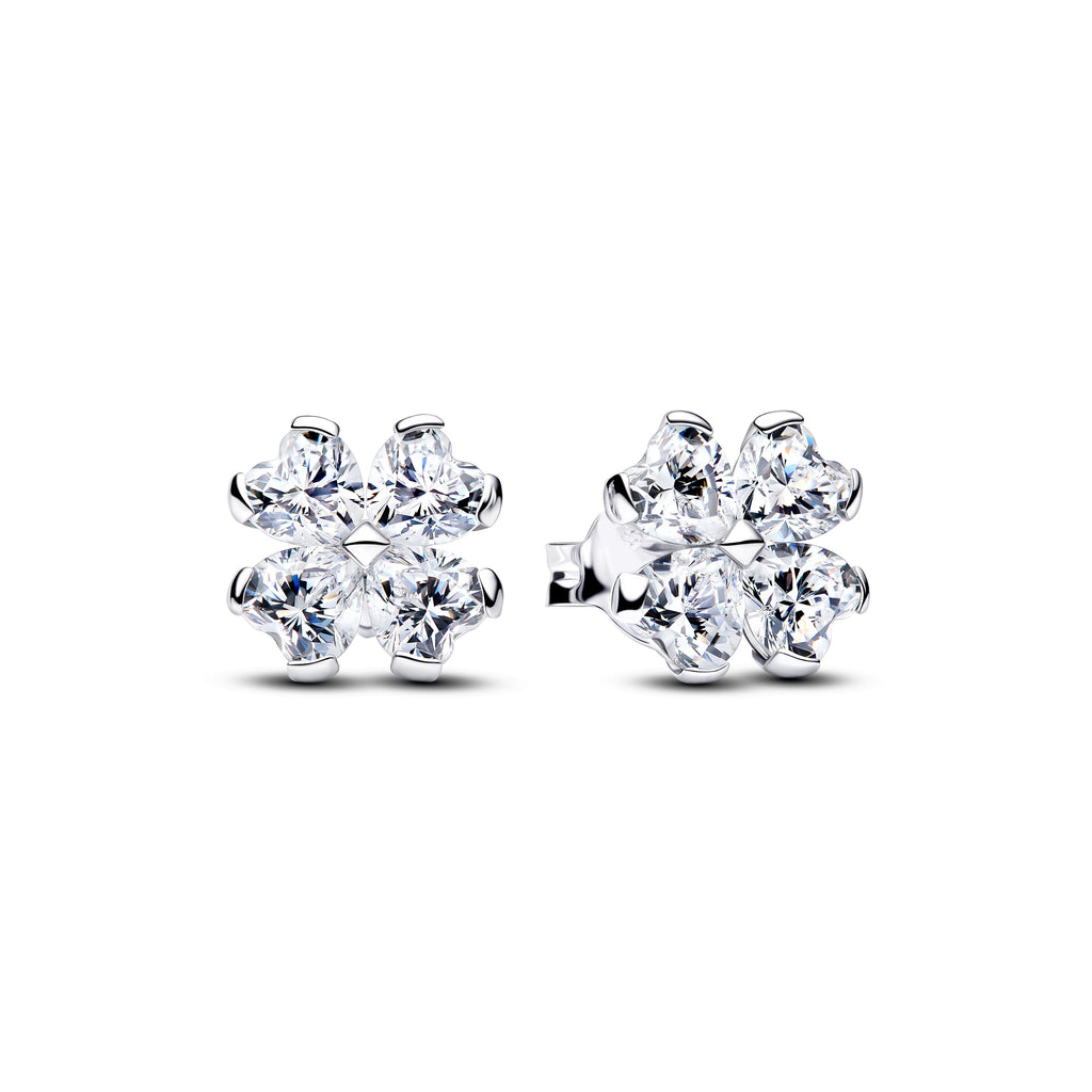 PANDORA Sparkling Lucky Clover Stud Earrings Man Made Crystal Four Leaf Clover Statement Ring Jewelry Gift