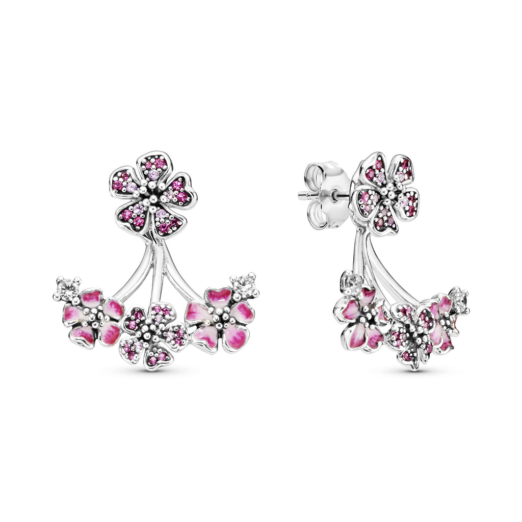 PANDORA Pink Peach Blossom Flower Stud Earrings Cubic Zirconia Floral Statement Ring Jewelry Gift