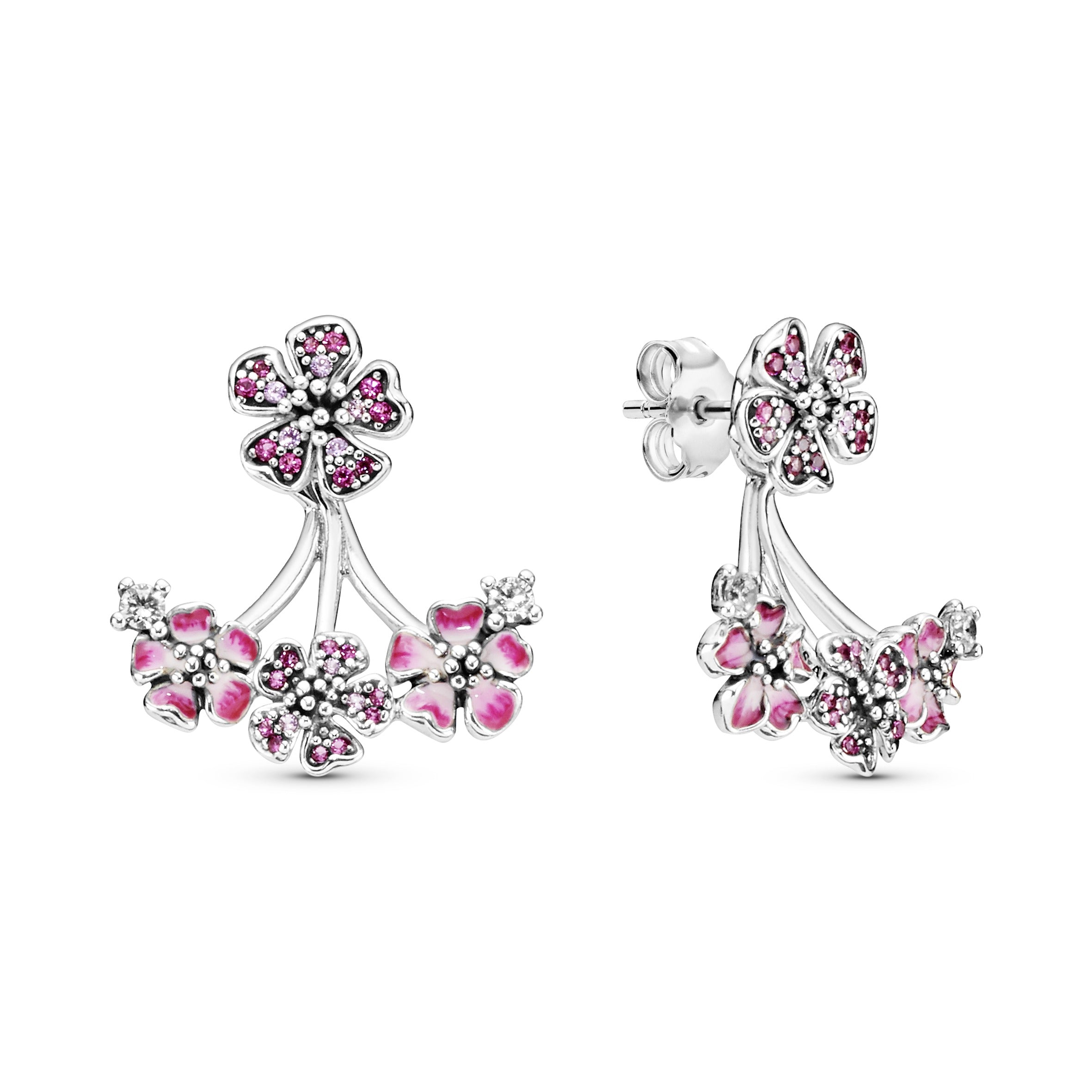 PANDORA Pink Peach Blossom Flower Stud Earrings Cubic Zirconia Floral Statement Ring Jewelry Gift